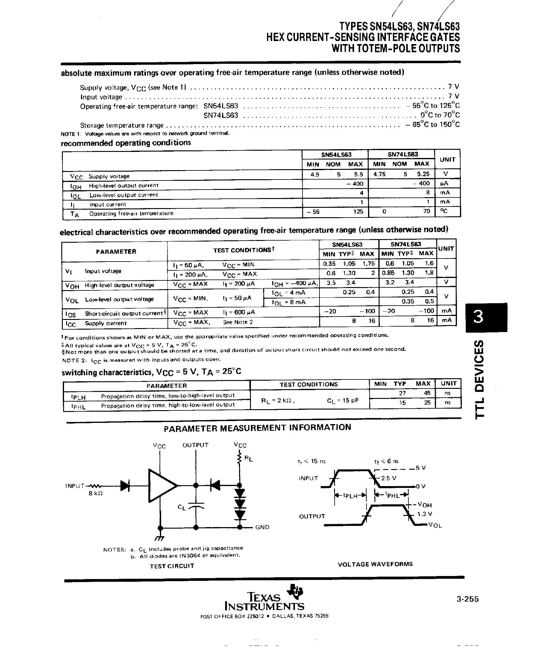Datasheet SN74LS63 page 2 Datasheet SN74LS63 - Hex Current-Sensing Interface Gates with Totem-Pole Outputs page 2