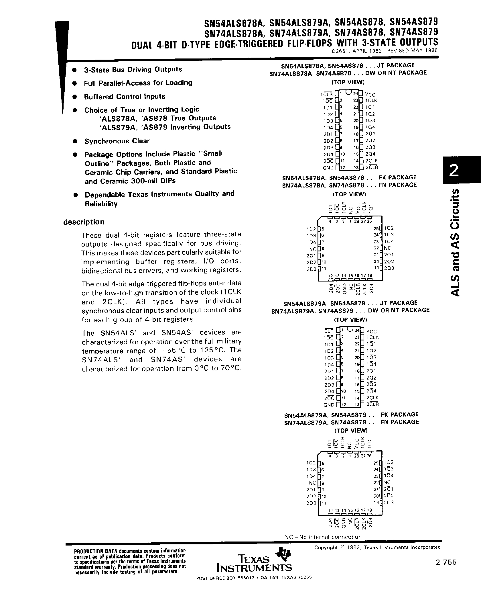 Даташит SN74ALS878 - (SN74ALS879) Dual 4 Bit D-Type EDGE-Triggered F-F with 3 State Outputs страница 1