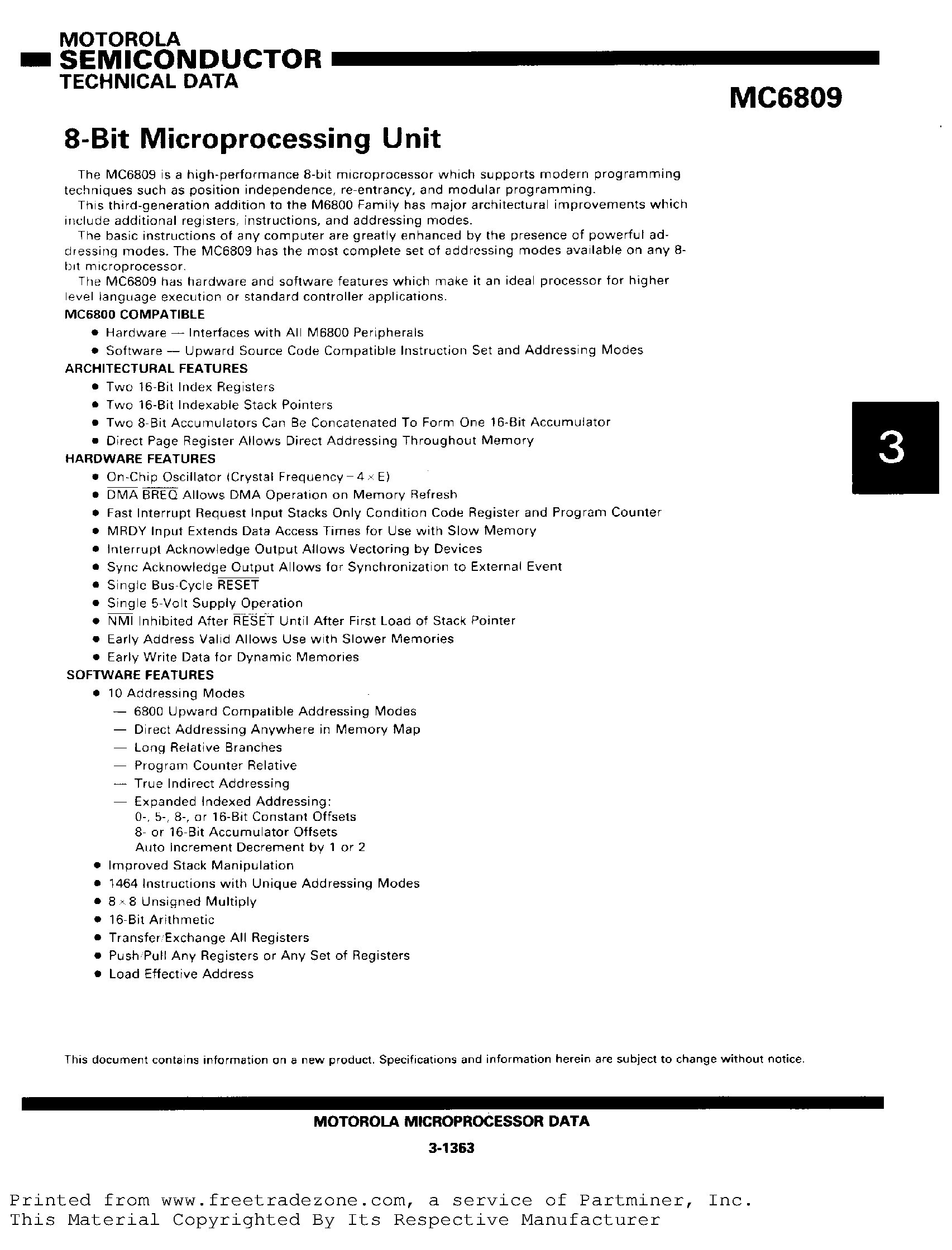 Datasheet MC68B09 page 1 Datasheet MC68B09 - 8-Bit Microprocessing Unit page 1