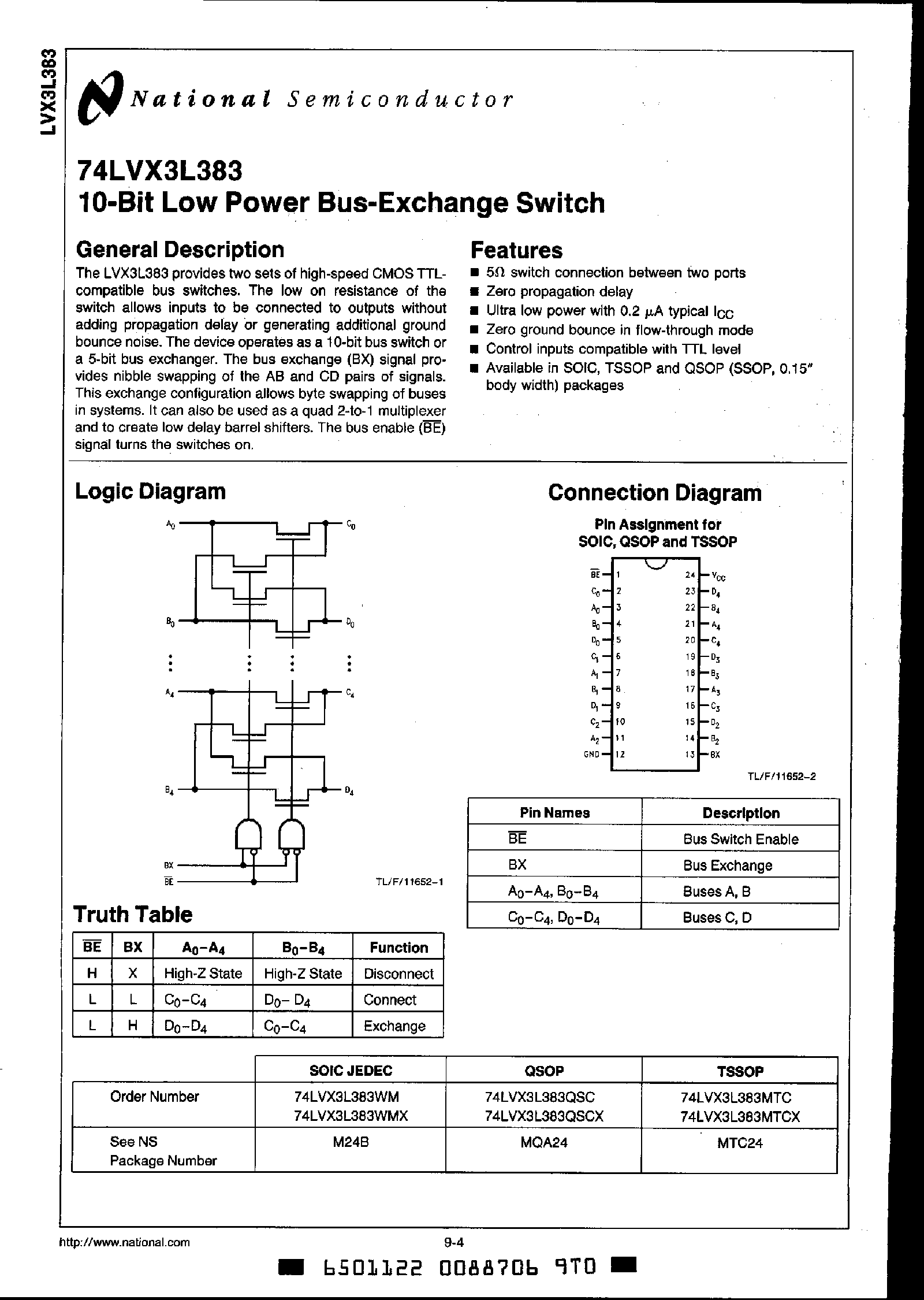 Даташит на микросхему 74LVX3L383 страница 1 Даташит 74LVX3L383 - 10-Bit Low Power Bus Exchange Switch страница 1