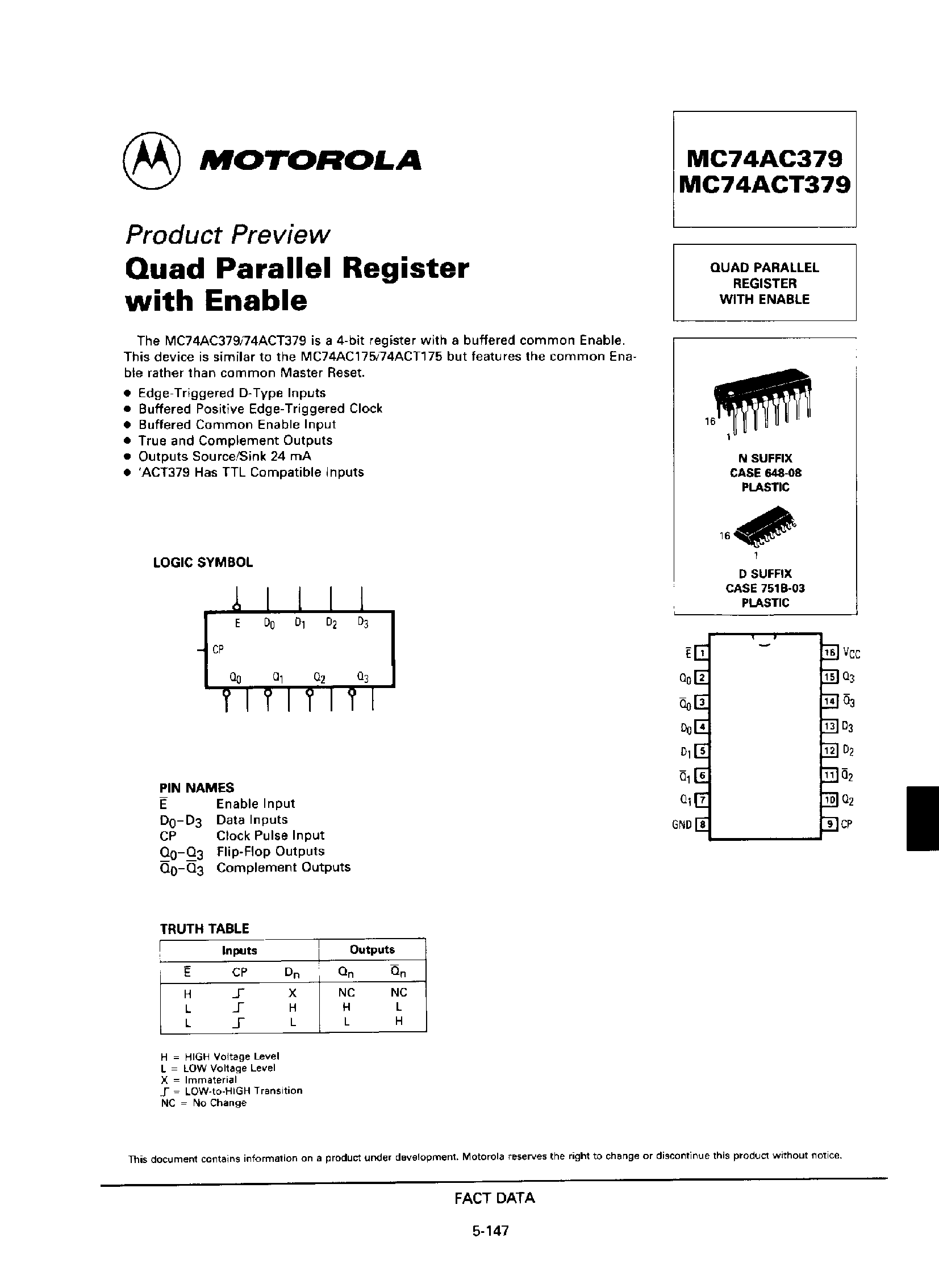 Даташит MC74AC379 - Quad Parallel Register with Enable страница 1