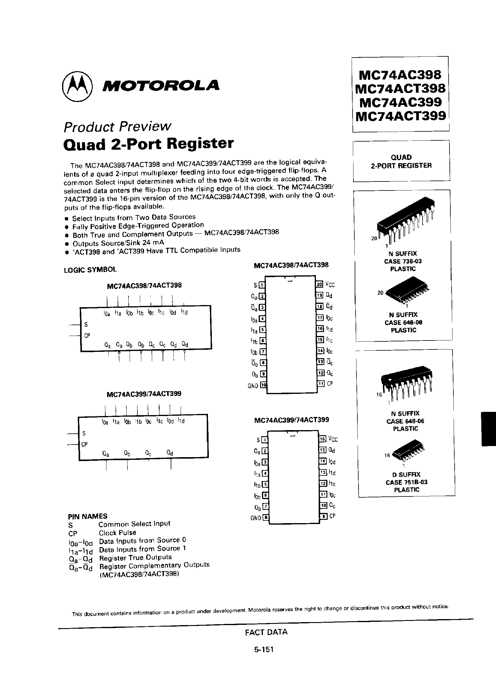 Datasheet MC74AC398 - (MC74AC399) Quad 2 Port Register page 1