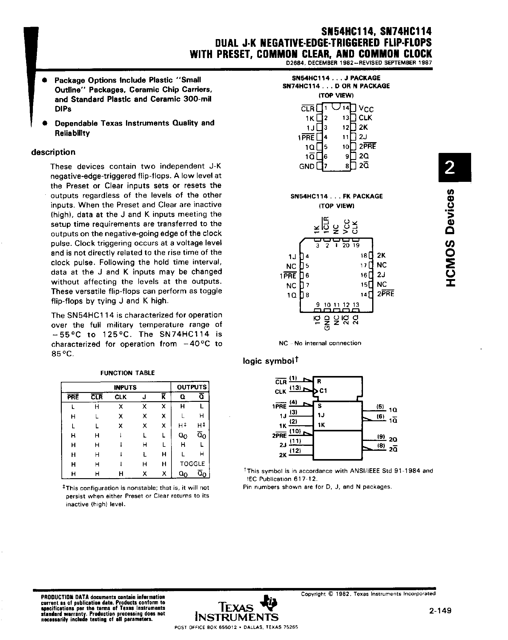 Datasheet SN74HC114 - Dual J-K Negative-EDGE-Triggered F-F page 1