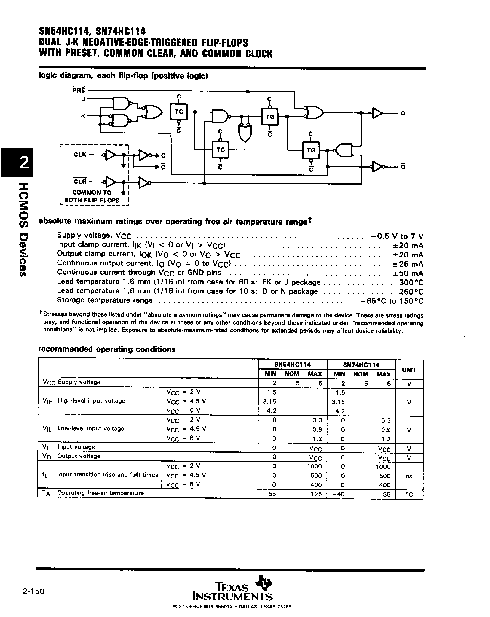 Datasheet SN74HC114 - Dual J-K Negative-EDGE-Triggered F-F page 2