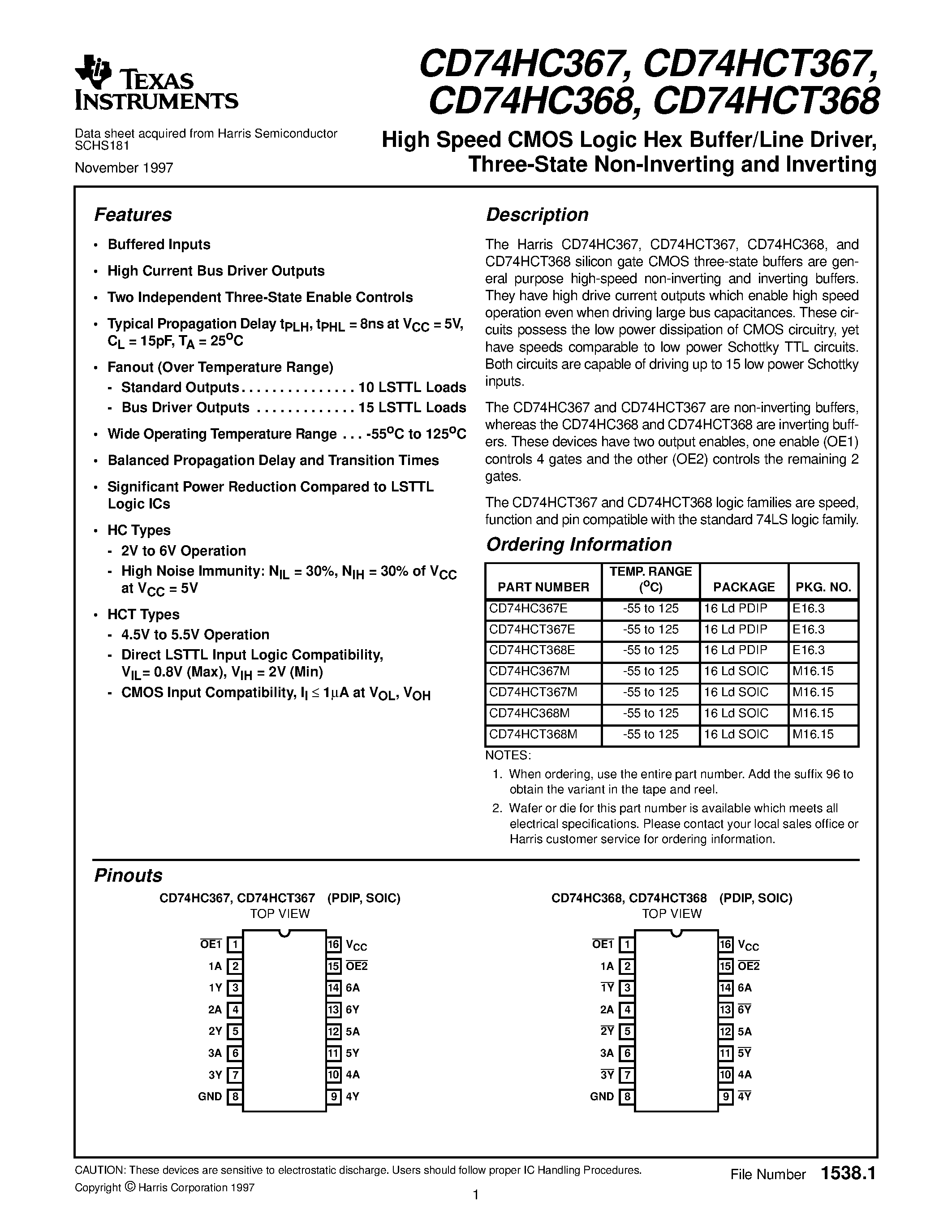Datasheet CD74HC367 page 1 Datasheet CD74HC367 - High Speed CMOS Logic Hex Buffer/Line Driver / Three-State Non-Inverting and Inverting page 1