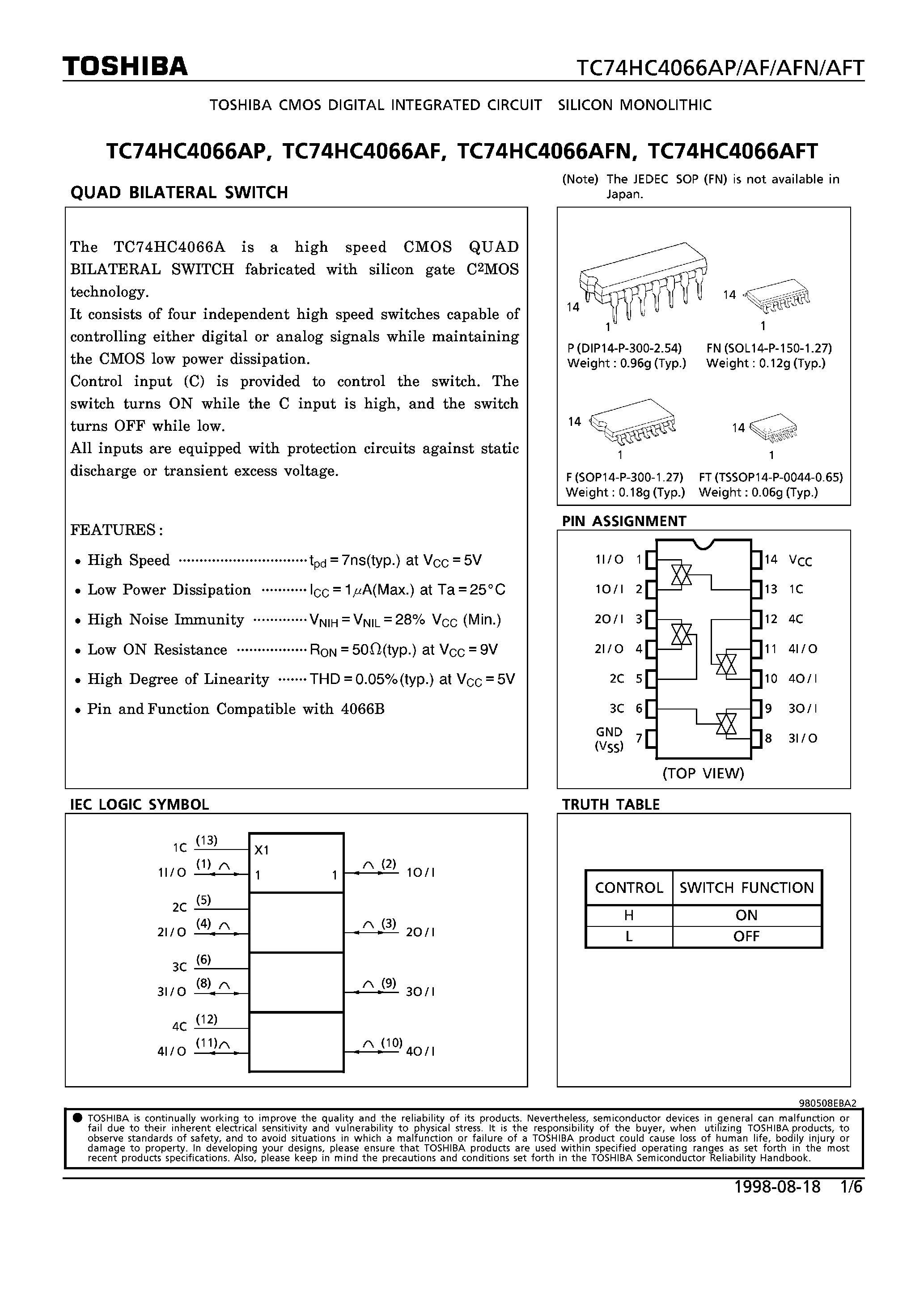 Datasheet TC74HC4066 page 1 Datasheet TC74HC4066 - QUAD BILATERAL SWITCH page 1