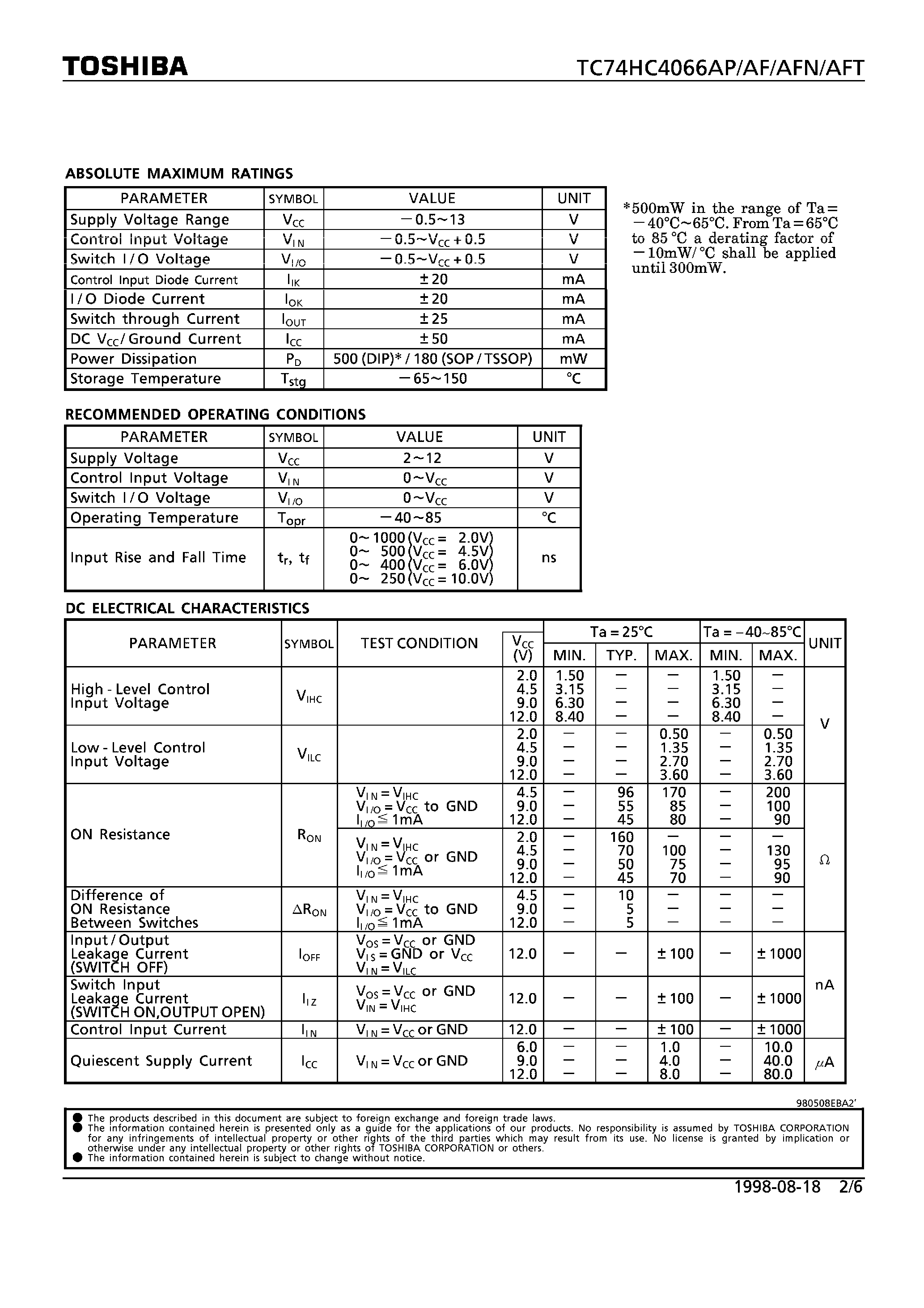 Datasheet TC74HC4066 page 2 Datasheet TC74HC4066 - QUAD BILATERAL SWITCH page 2