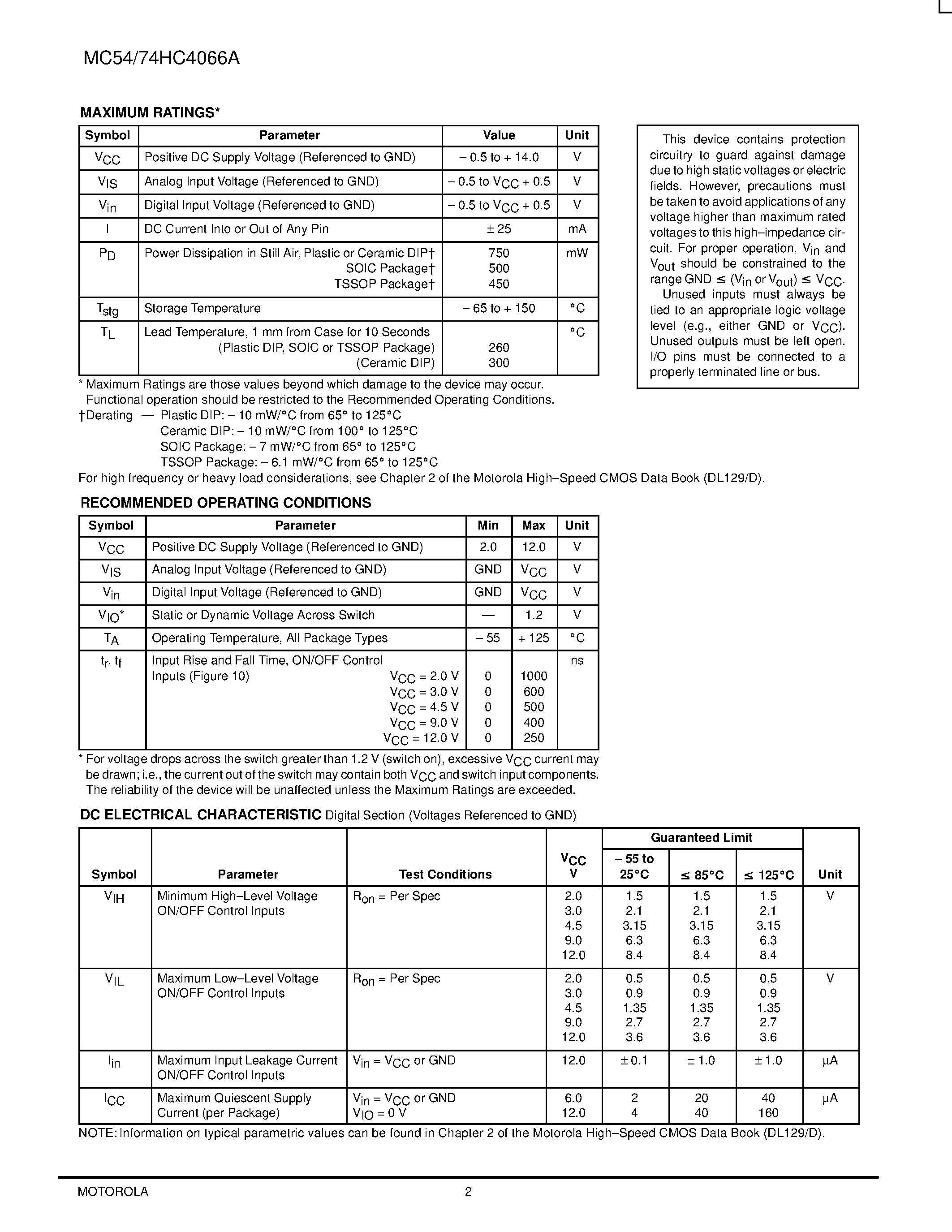 Даташит MC74HC4066A - Quad Analog Switch/Multiplexer/Demultiplexer страница 2