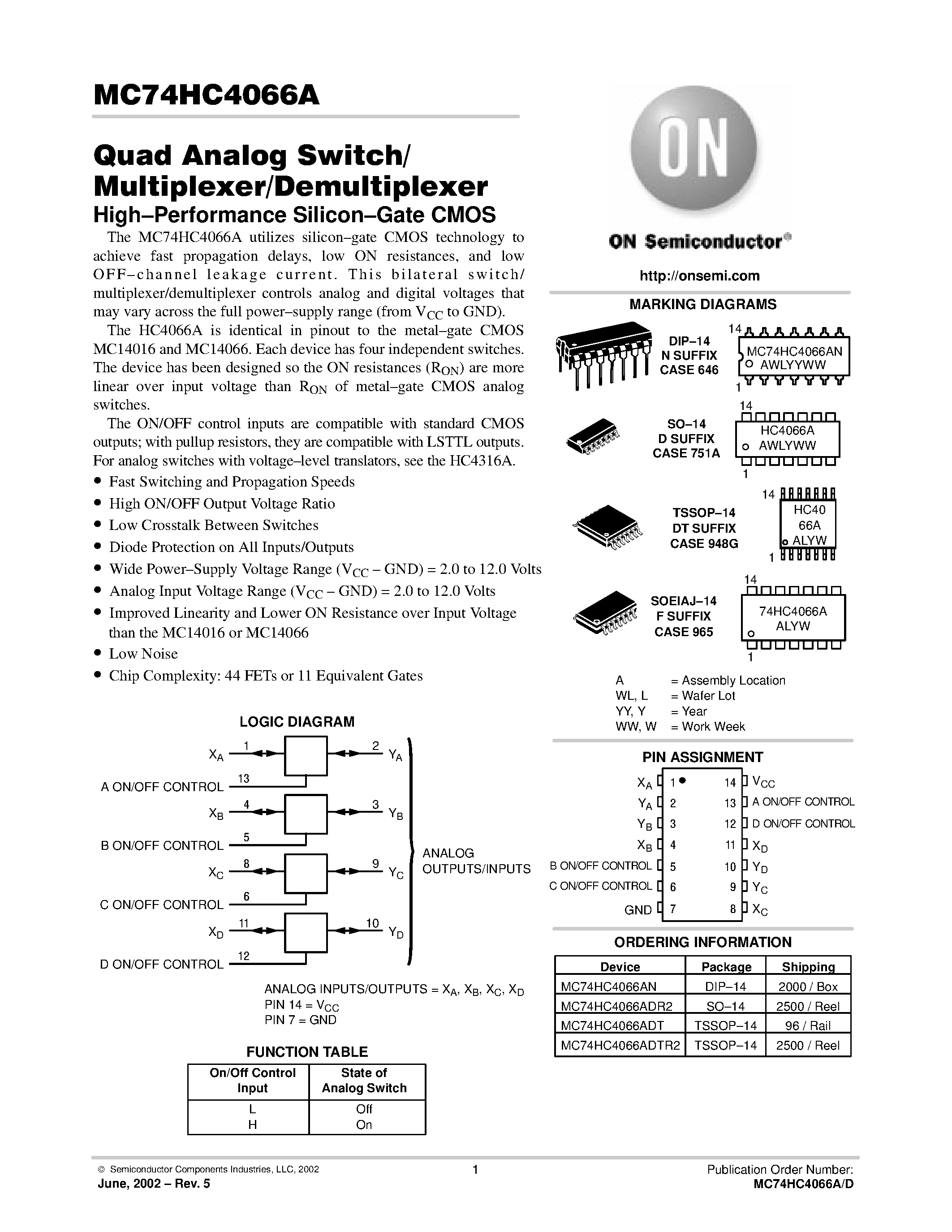 Даташит MC74HC4066A - Quad Analog Switch/Multiplexer/Demultiplexer страница 1