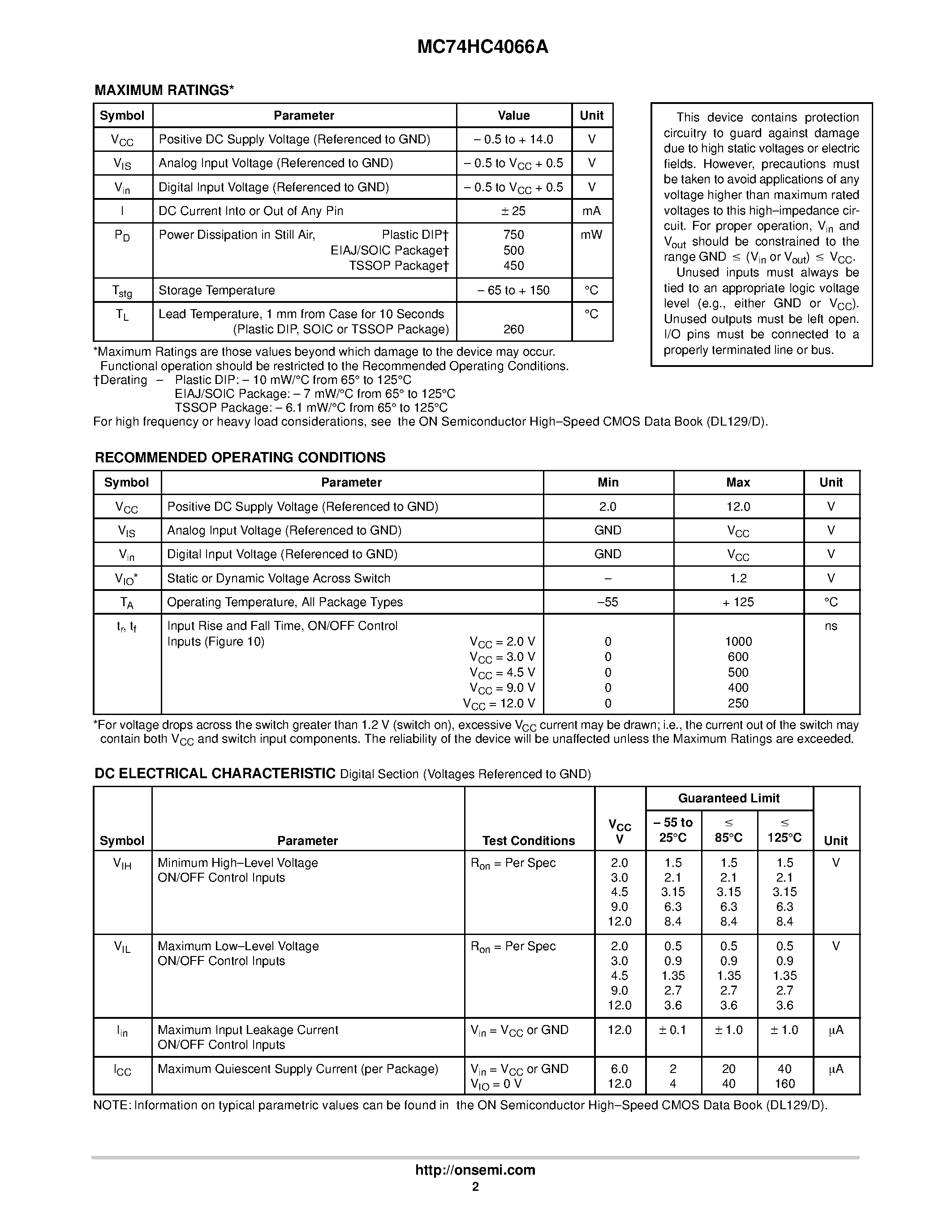 Даташит MC74HC4066A - Quad Analog Switch/Multiplexer/Demultiplexer страница 2