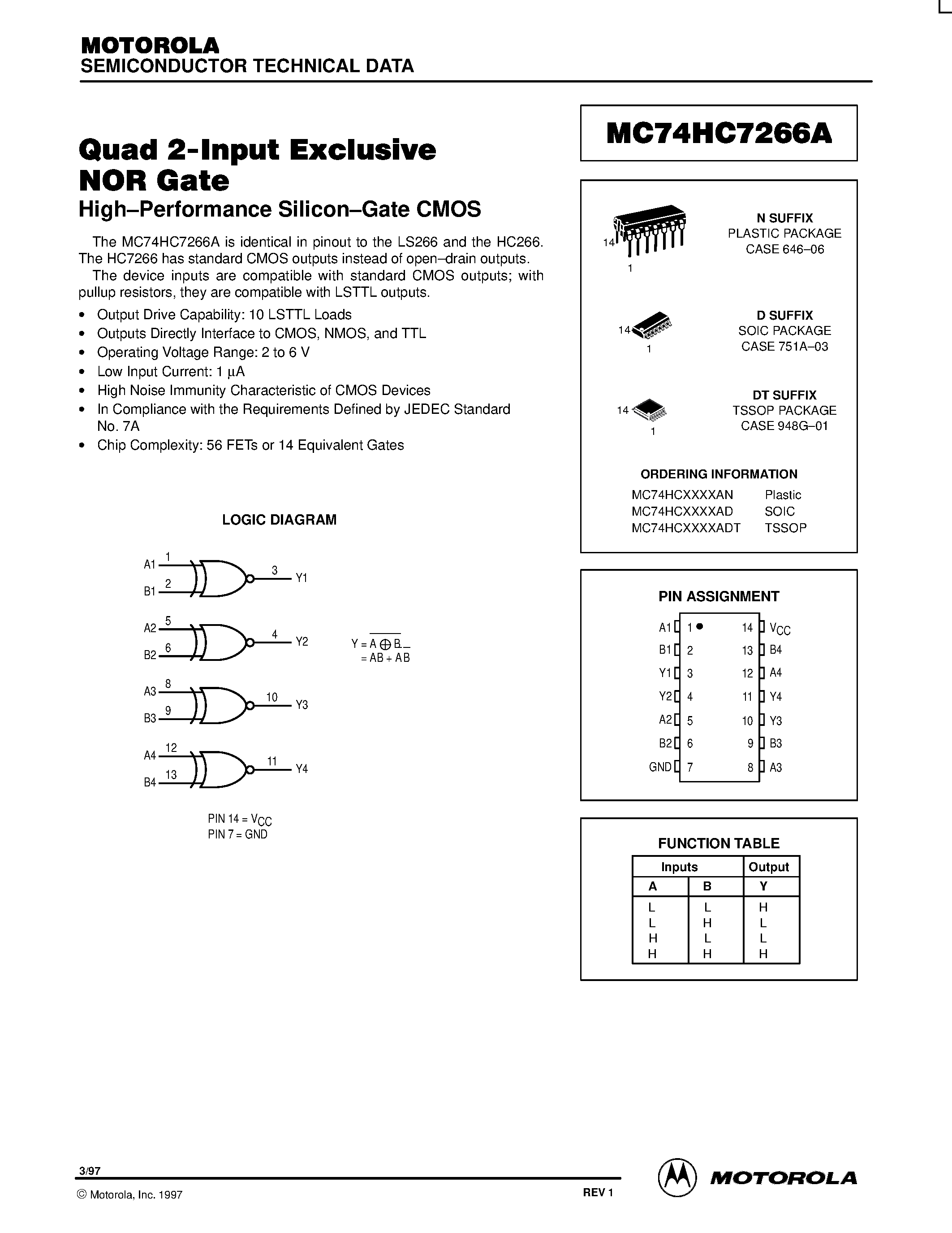 Даташит MC74HC7266A - Quad 2-Input Exclusive NOR Gate страница 1