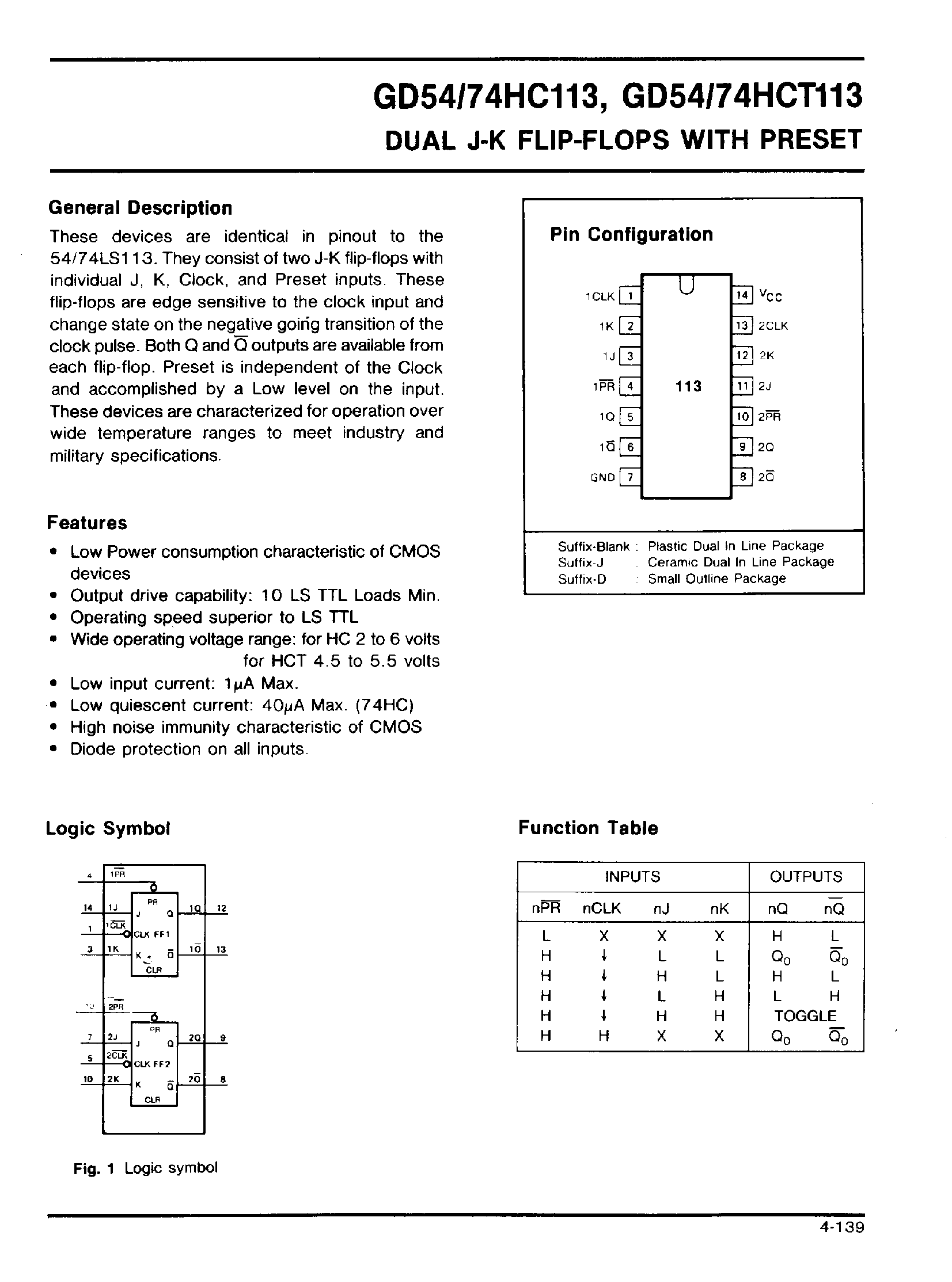 Datasheet GD74HCT113 page 1 Datasheet GD74HCT113 - Dual J-K F-F page 1