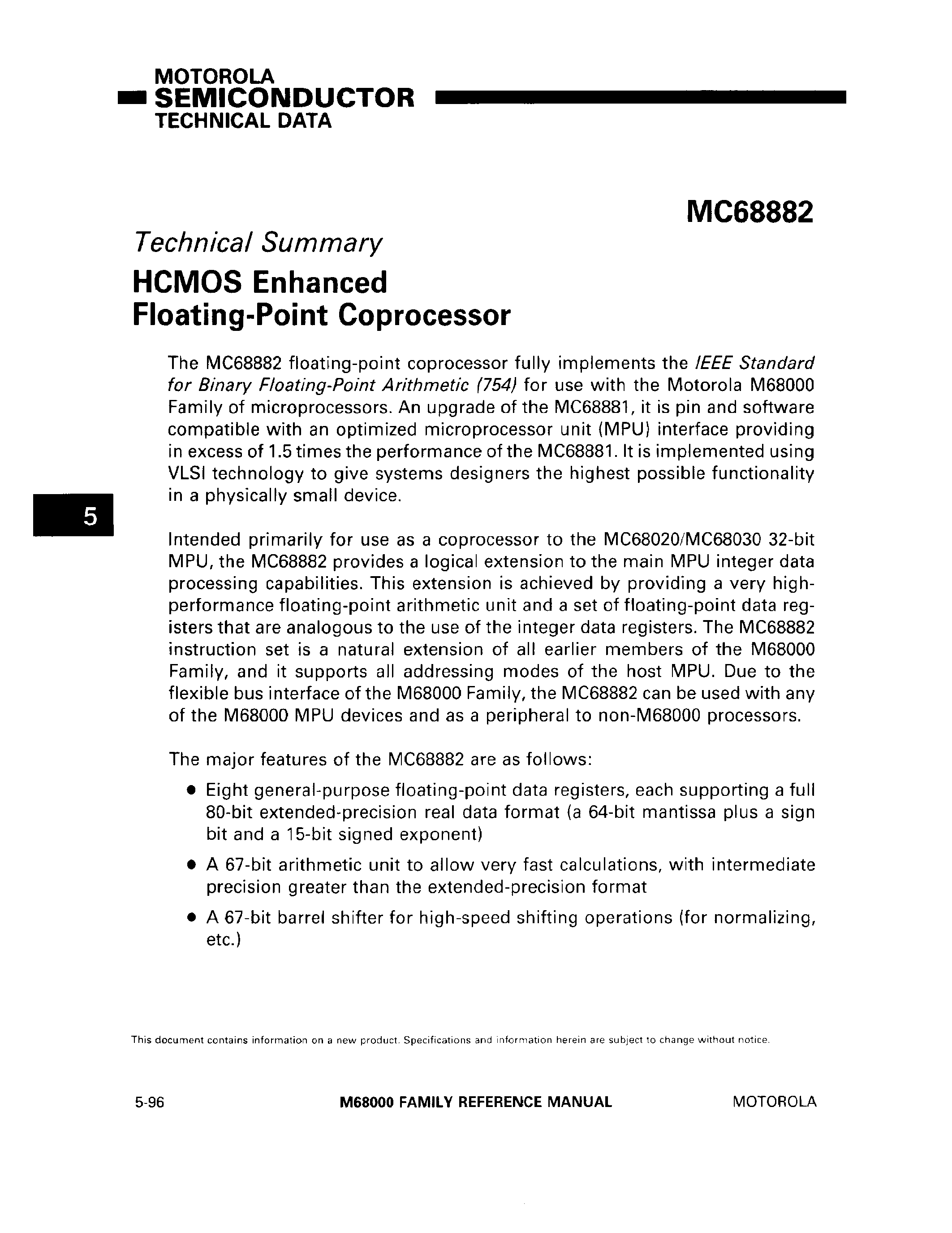 Datasheet MC68882 - HCMOS Enhanced Floating-Point Coprocessor page 1