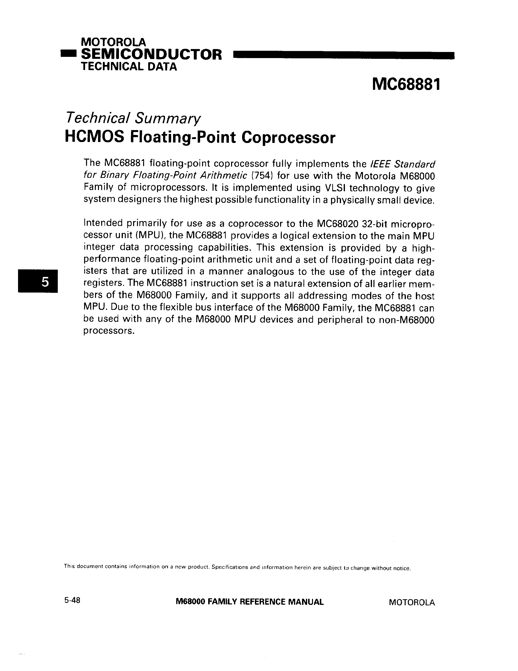 Datasheet MC68881 - HCMOS Floating-Point Coprocessor page 1