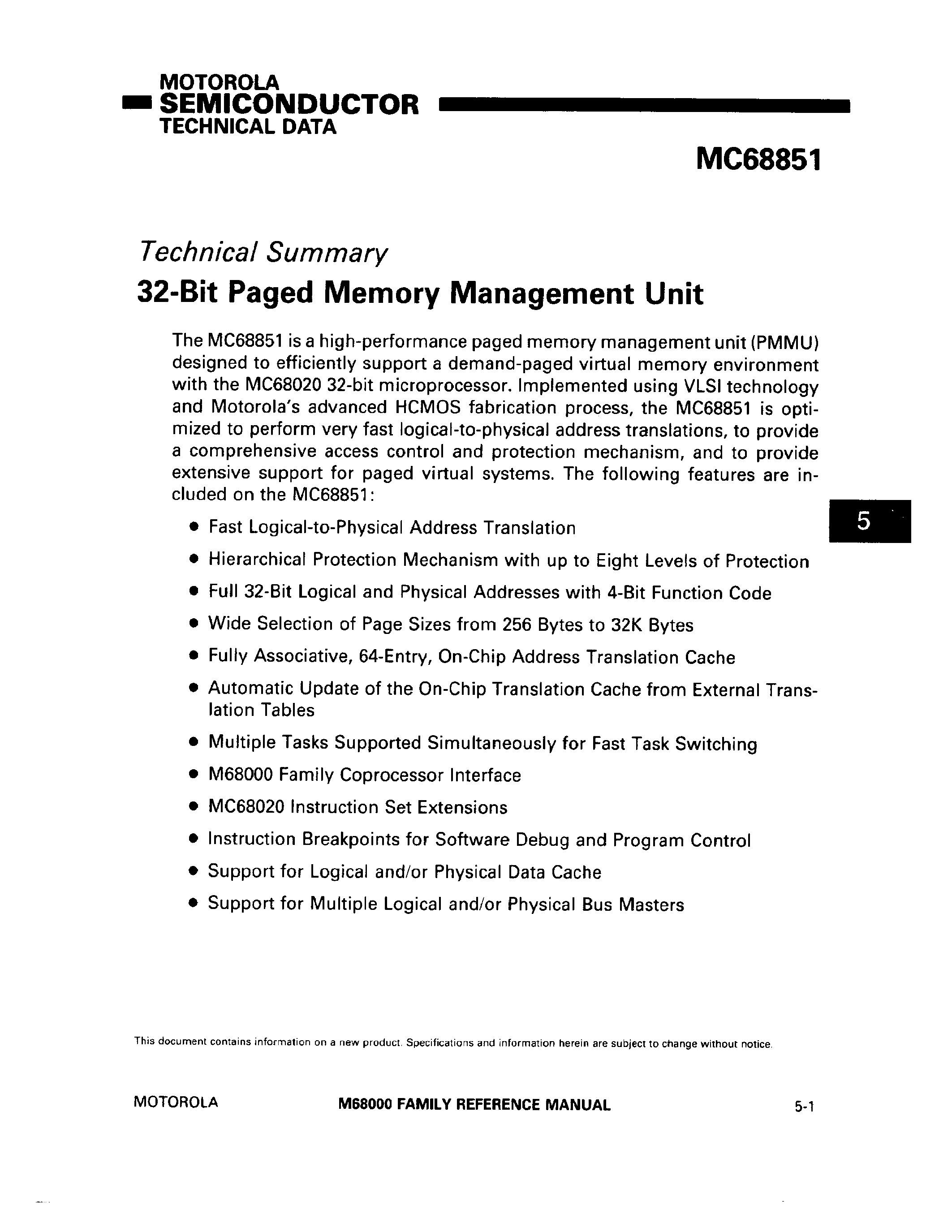 Datasheet MC68851 - 32-Bit Paged Memory Management Unit page 1