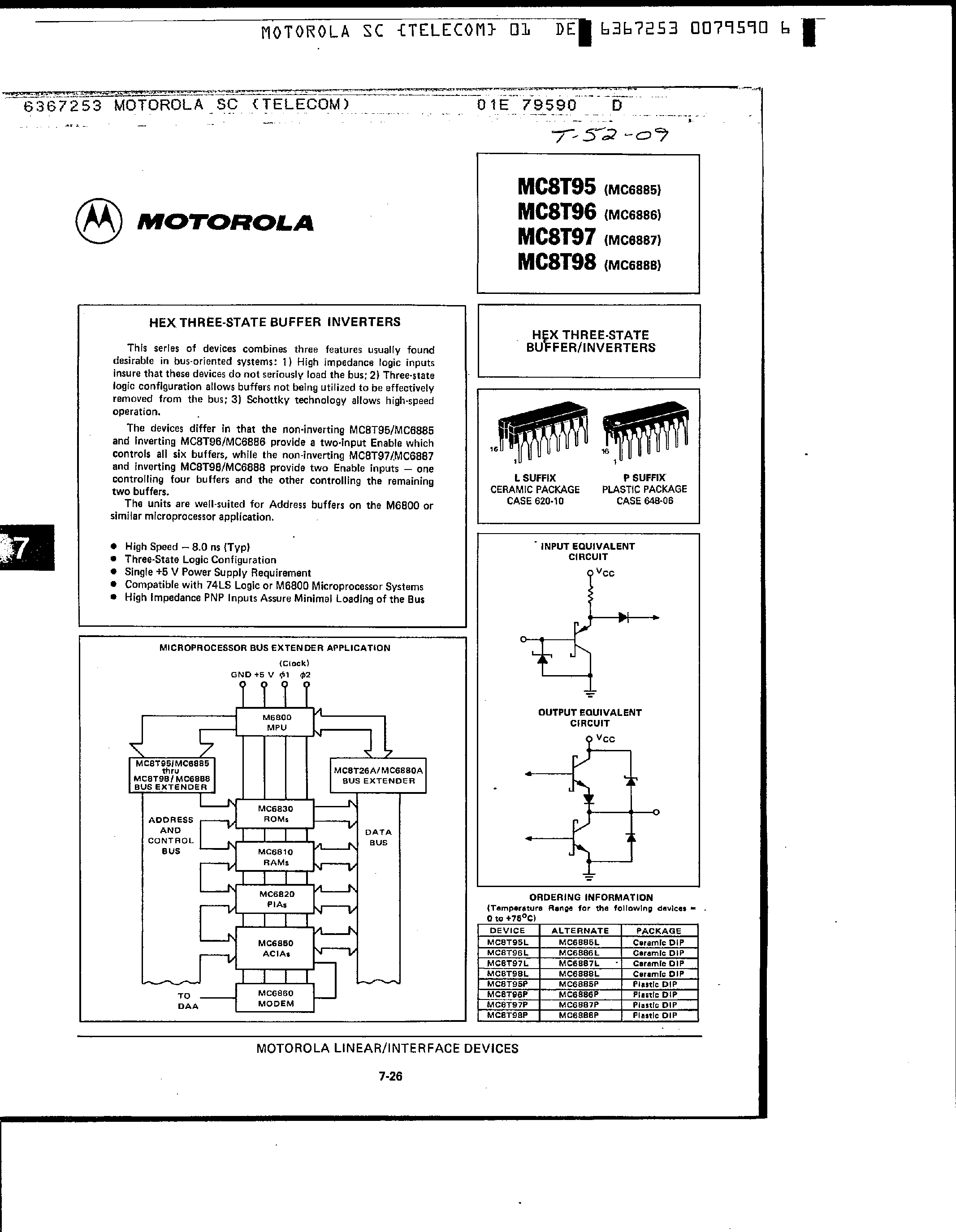 Datasheet MC6885 - Hex 3 State Buffer Inverters page 1