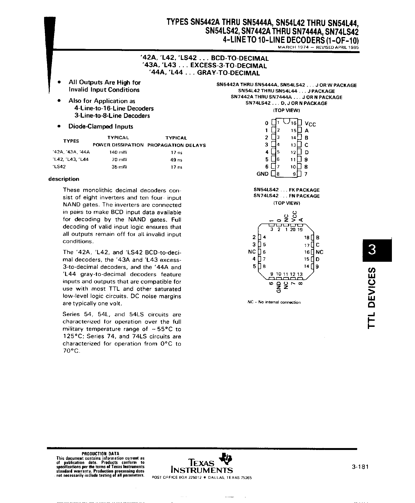 Datasheet SN5443 - 4 Line to 10 Line Decoders page 1