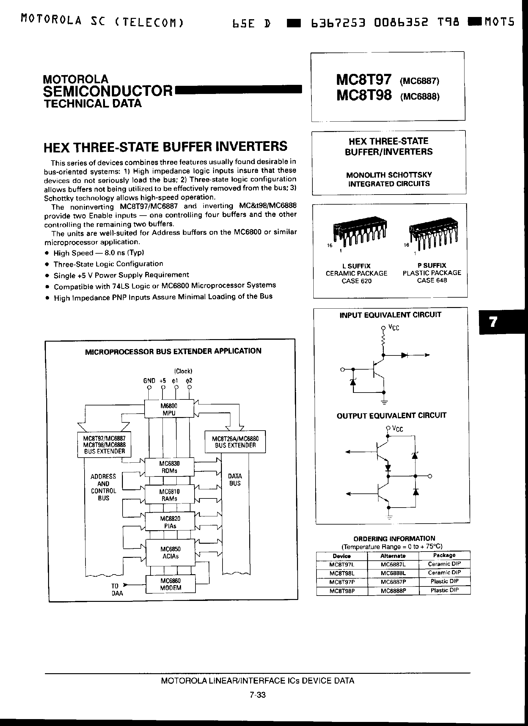 Datasheet MC6887 page 1 Datasheet MC6887 - Hex 3 State Buffer Inverters page 1