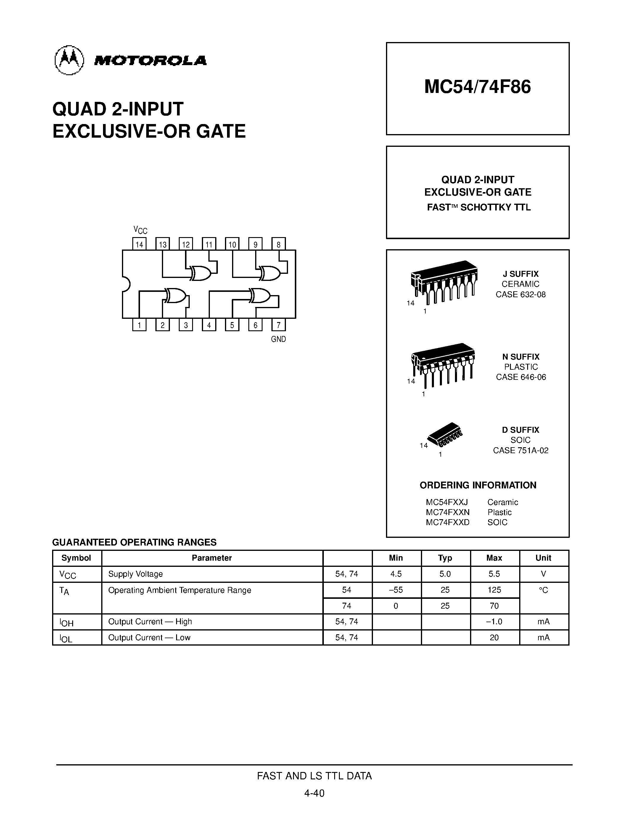 Даташит MC74F86 - QUAD 2-INPUT EXCLUSIVE-OR GATE FAST SCHOTTKY TTL страница 1
