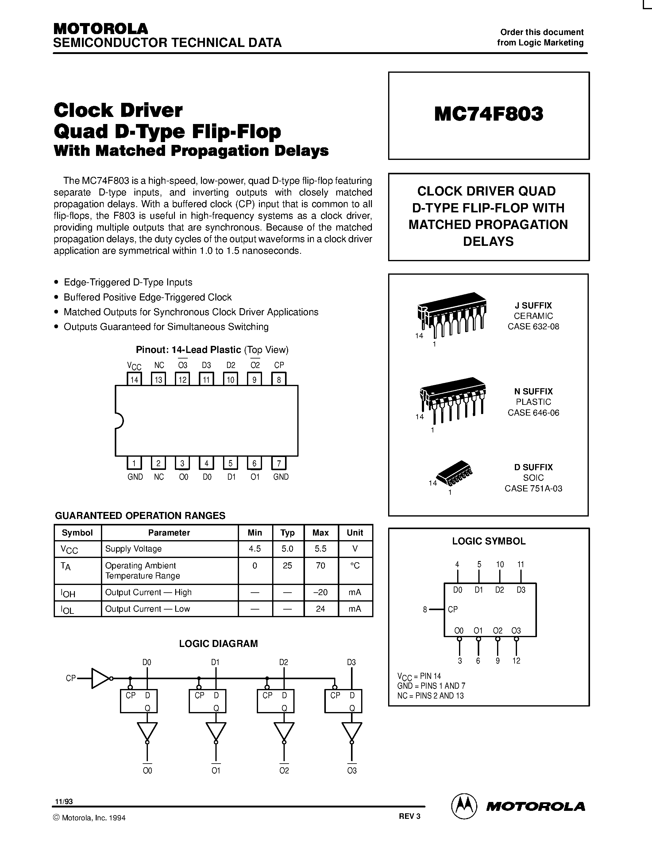 Даташит MC74F803 - CLOCK DRIVER QUAD D-TYPE FLIP-FLOP WITH MATCHED PROPAGATION DELAYS страница 1