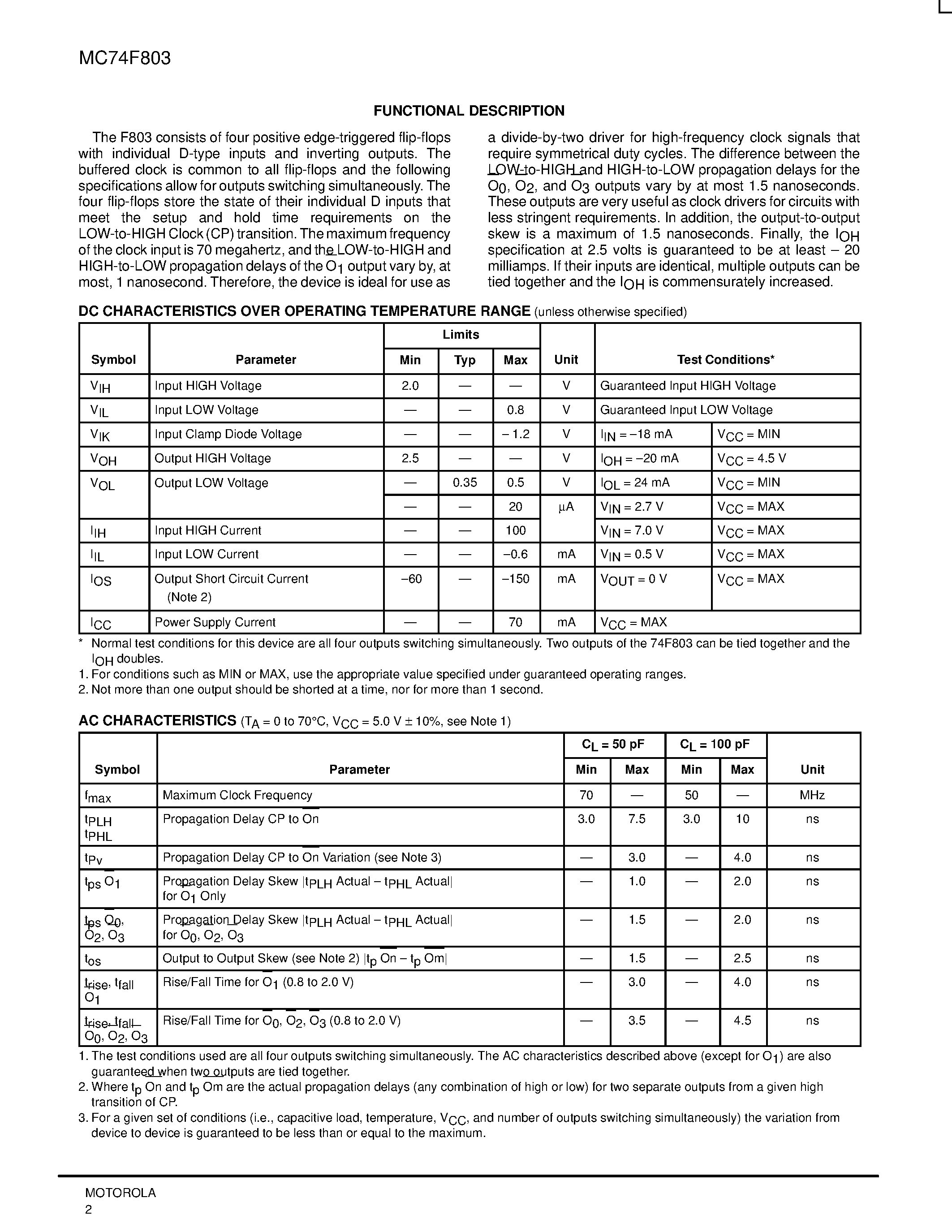 Даташит MC74F803 - CLOCK DRIVER QUAD D-TYPE FLIP-FLOP WITH MATCHED PROPAGATION DELAYS страница 2