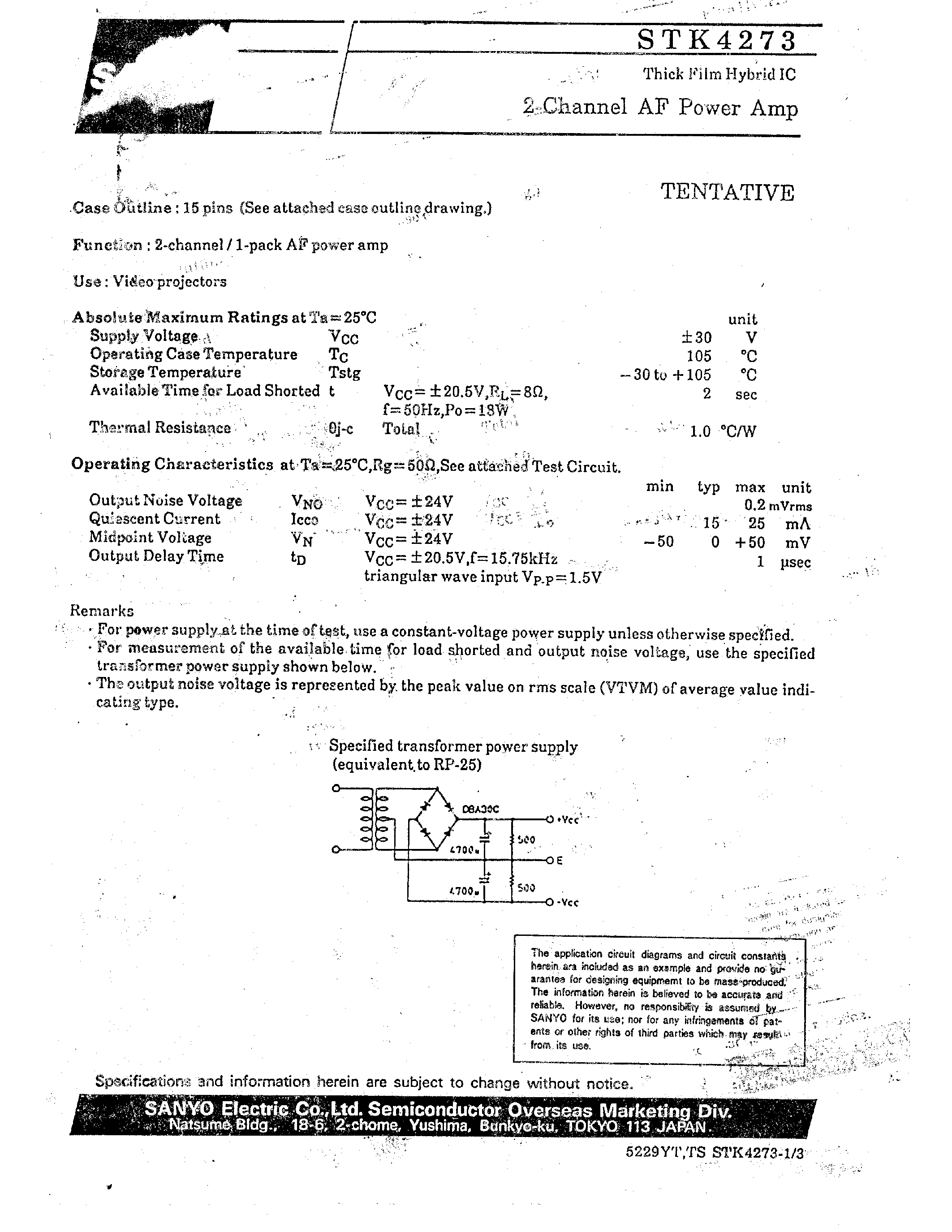 Datasheet STK4273 - 2 Channel AF Power Amp page 1