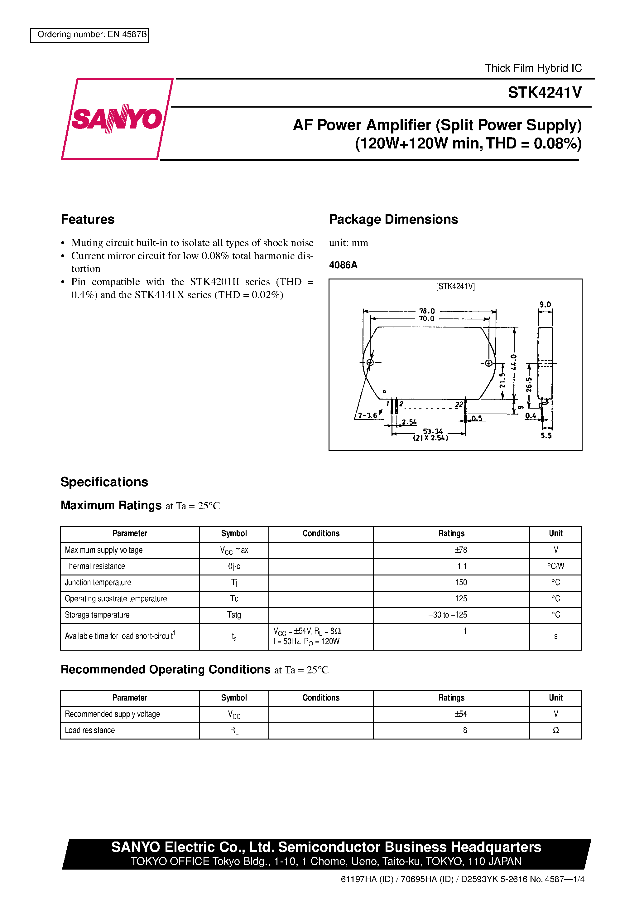 Datasheet STK4241V page 1 Datasheet STK4241V - AF Power Amplifier page 1
