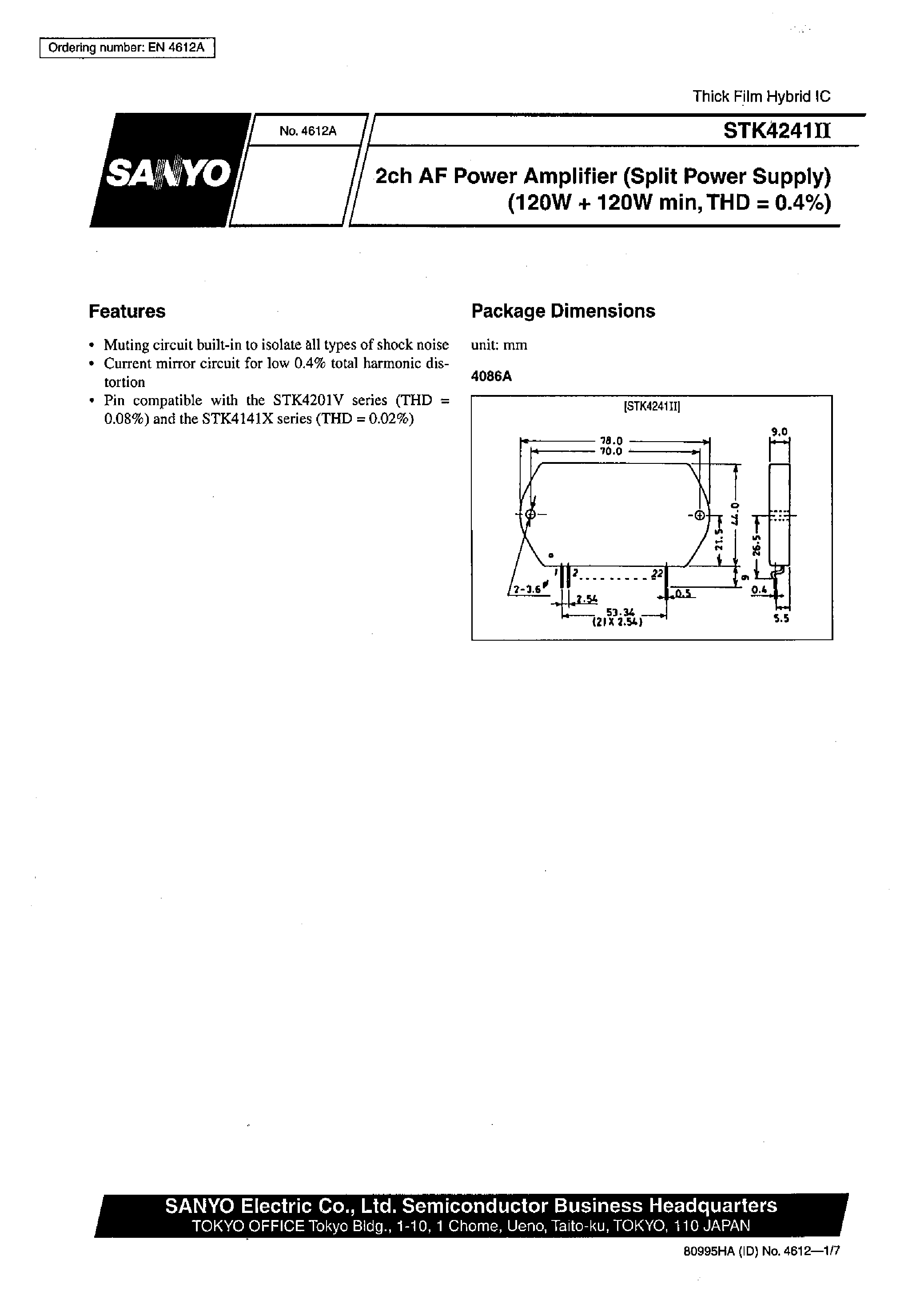 Datasheet STK4241II page 1 Datasheet STK4241II - 2ch AF Power Amplifier page 1