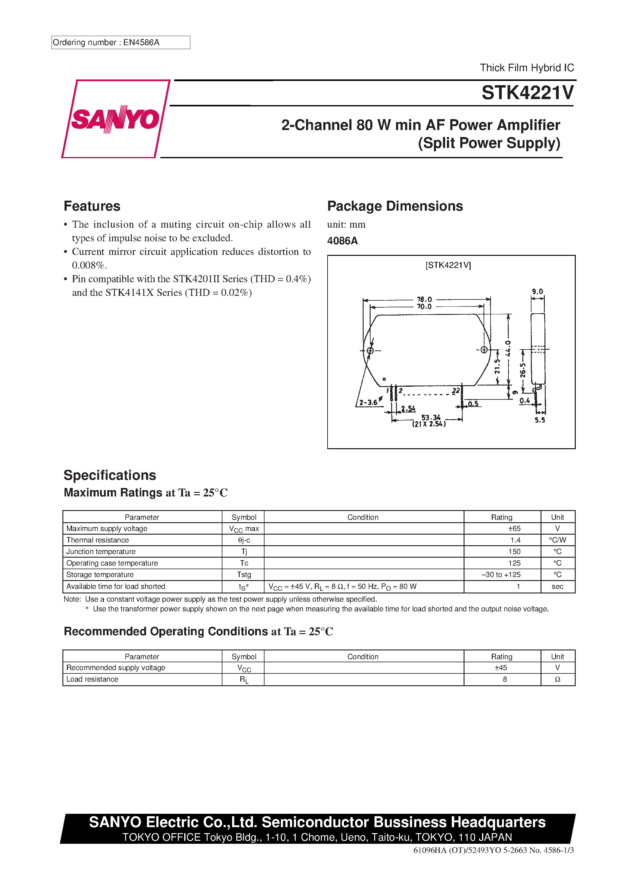 Datasheet STK4221V - 2-Channel 80 W min AF Power Amplifier page 1