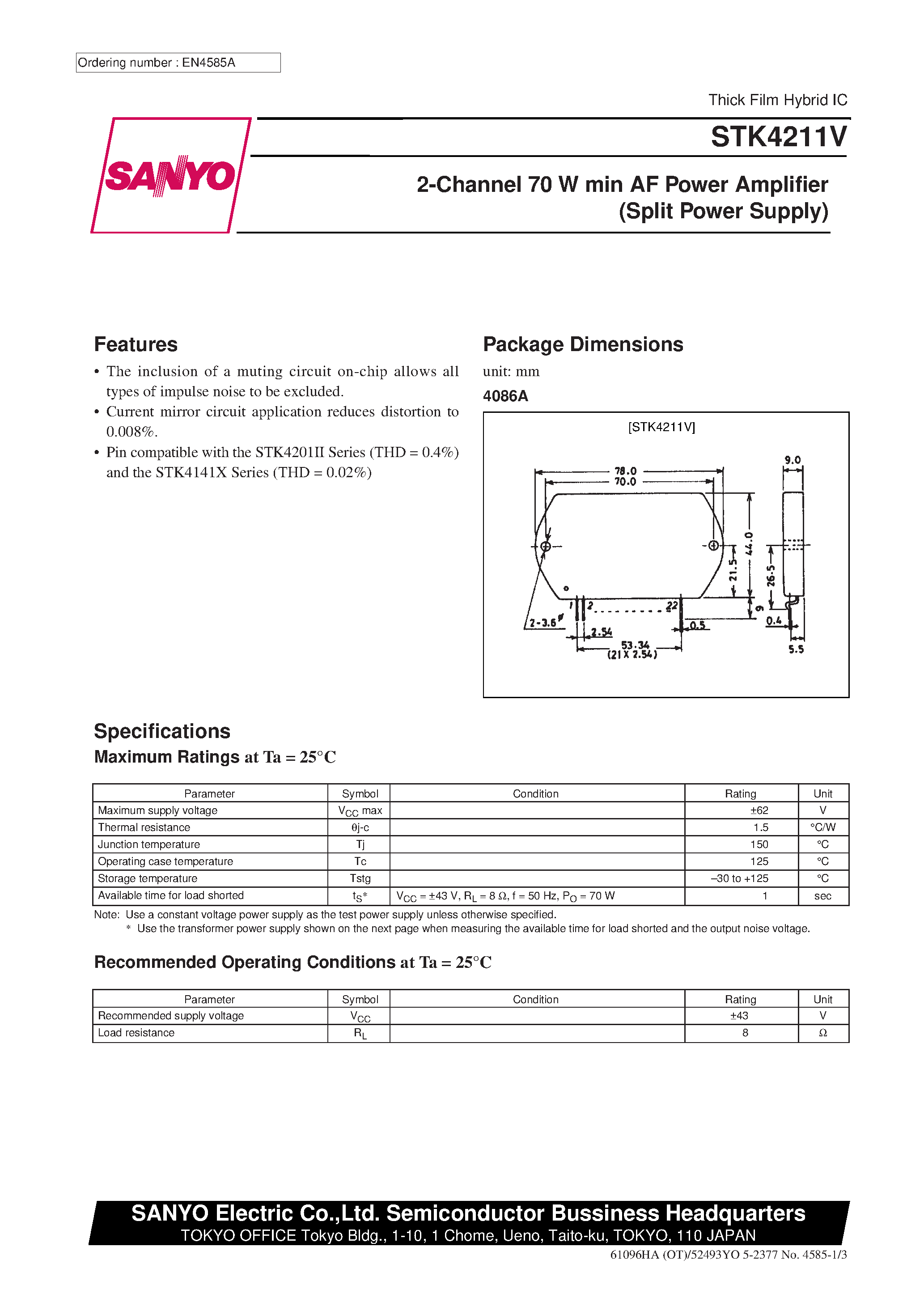 Datasheet STK4211V - 2-Channel 70 W min AF Power Amplifier page 1