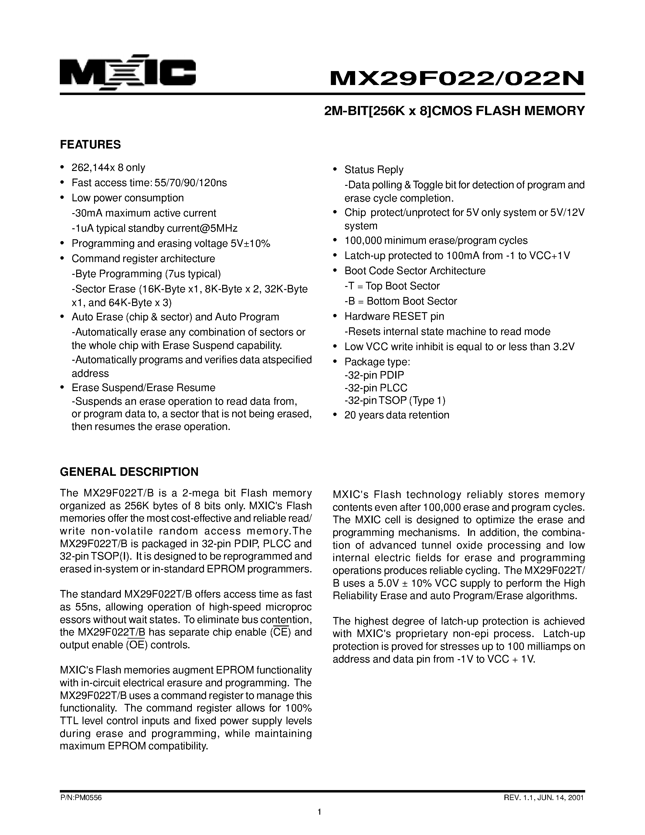 Datasheet MX29F022 - 2M-BIT[256K x 8]CMOS FLASH MEMORY page 1