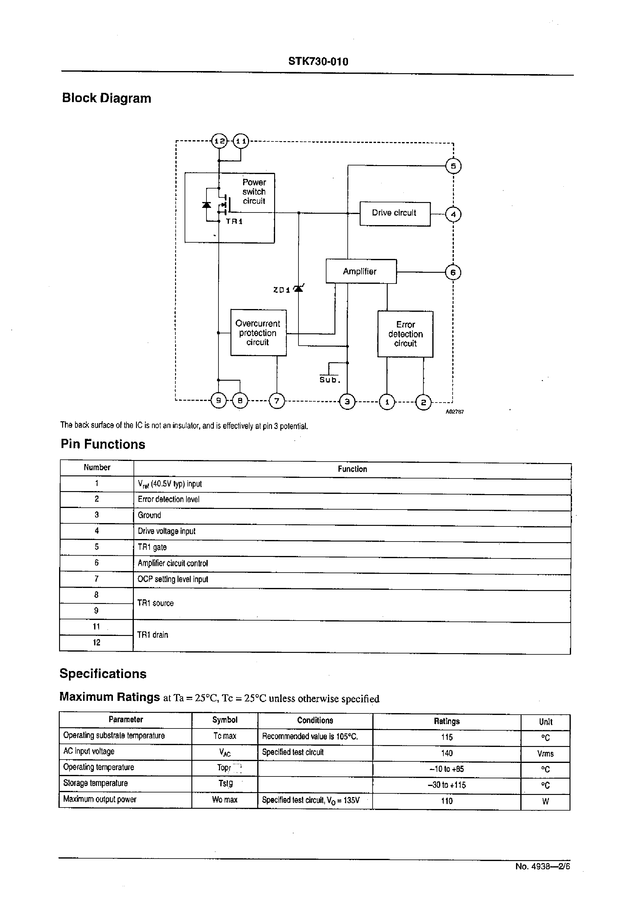 Datasheet STK730-010 page 2 Datasheet STK730-010 - Self-Excitation Type Semi-Regulated Switching Regulator page 2