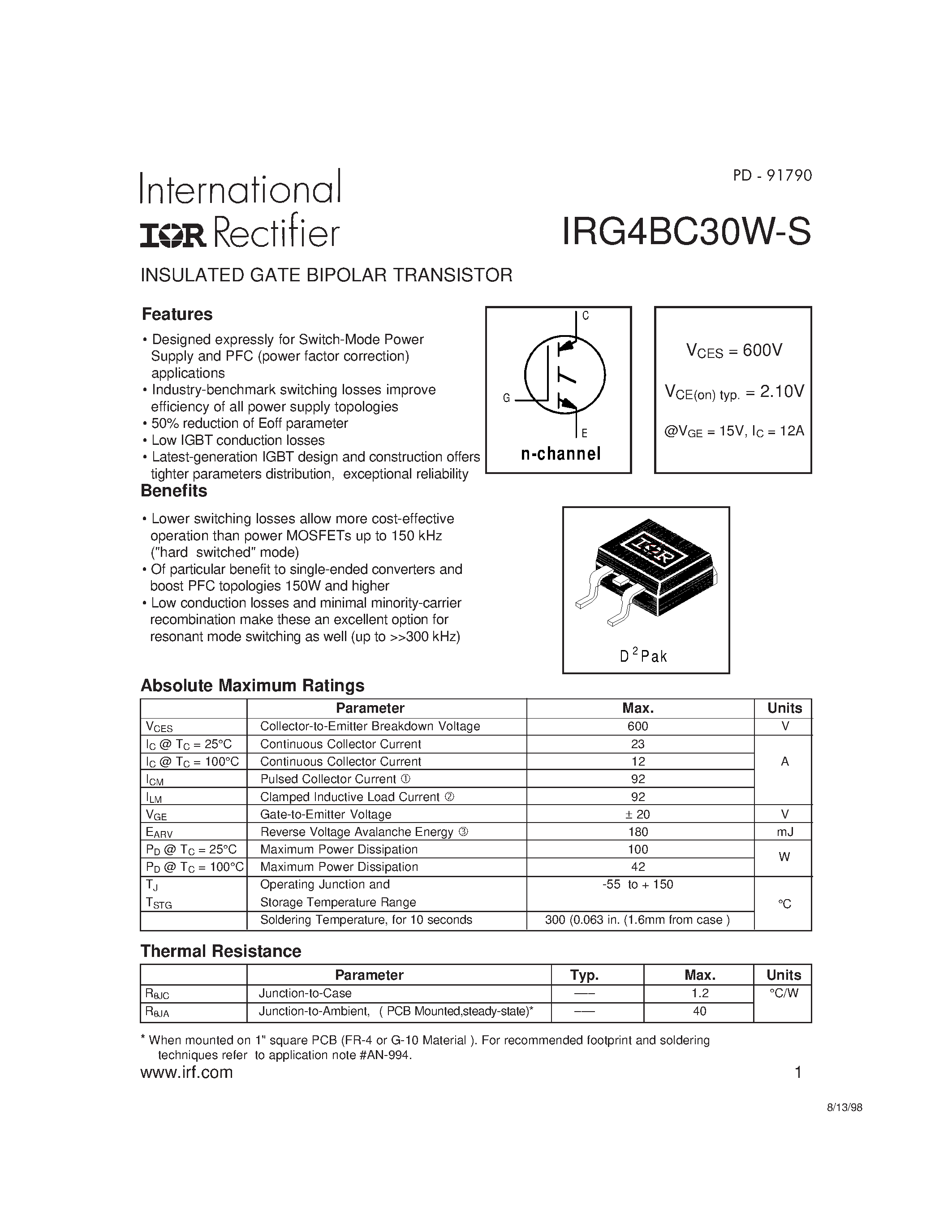 Datasheet IRG4BC30W-S - INSULATED GATE BIPOLAR TRANSISTOR page 1