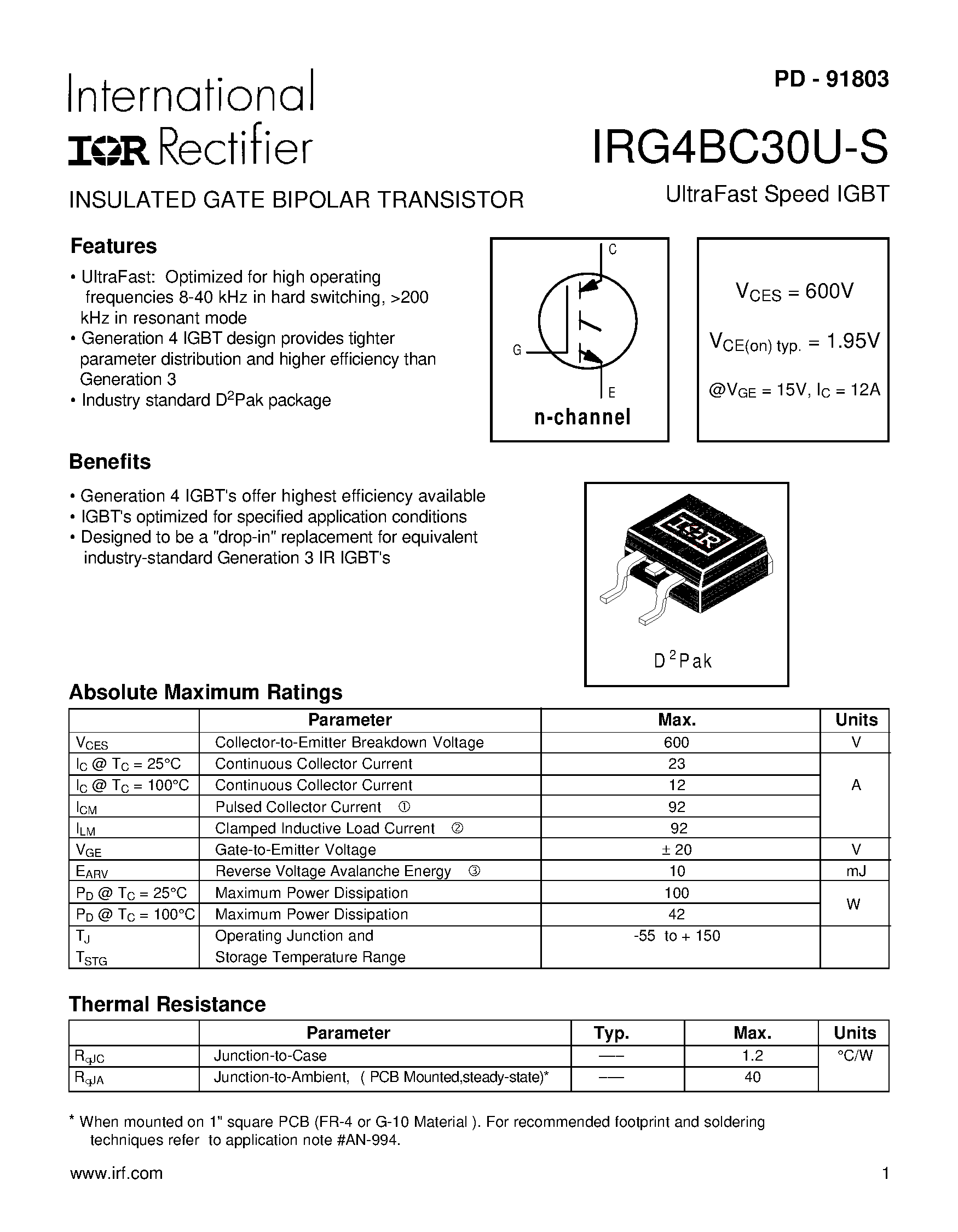 Datasheet IRG4BC30U-S page 1 Datasheet IRG4BC30U-S - INSULATED GATE BIPOLAR TRANSISTOR page 1