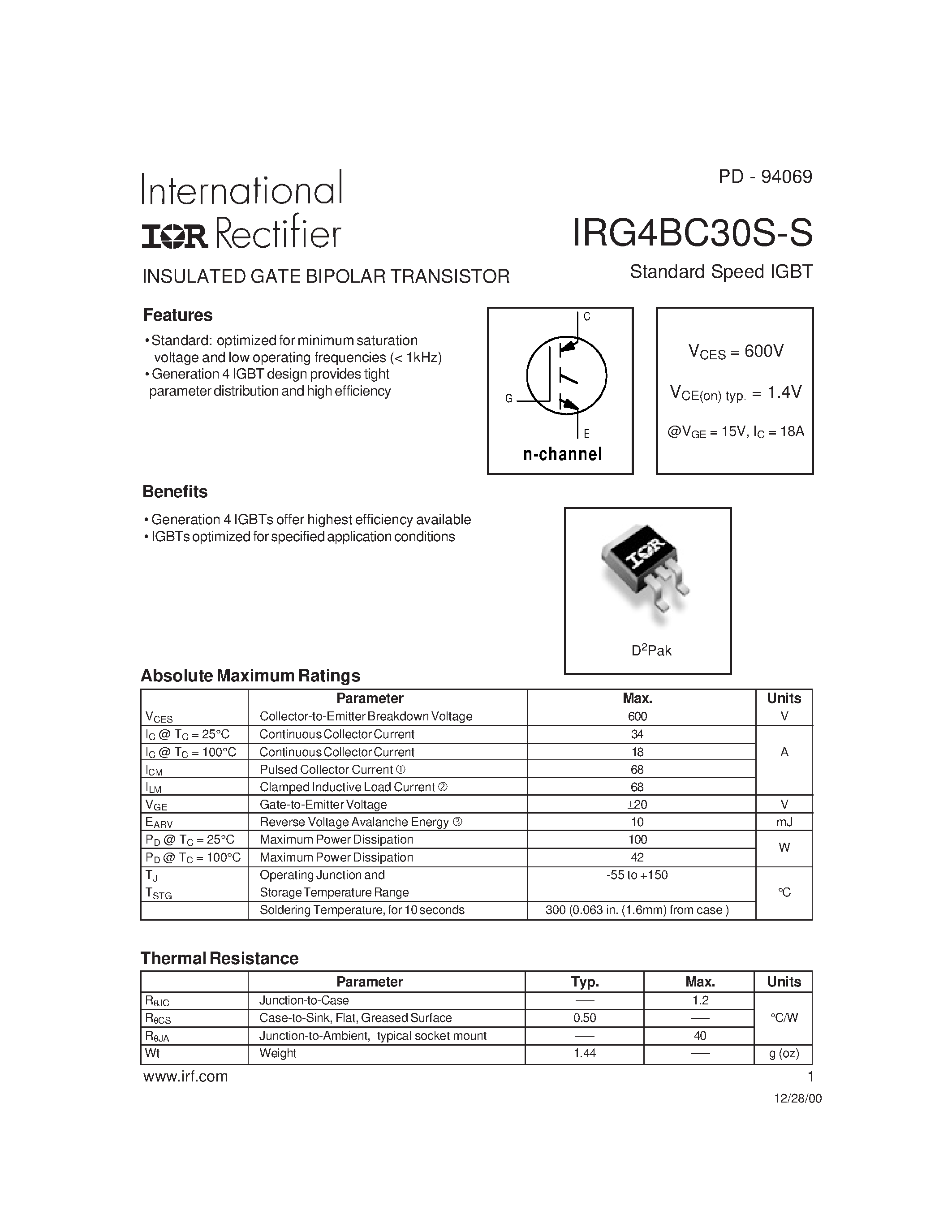 Datasheet IRG4BC30S-S - INSULATED GATE BIPOLAR TRANSISTOR page 1