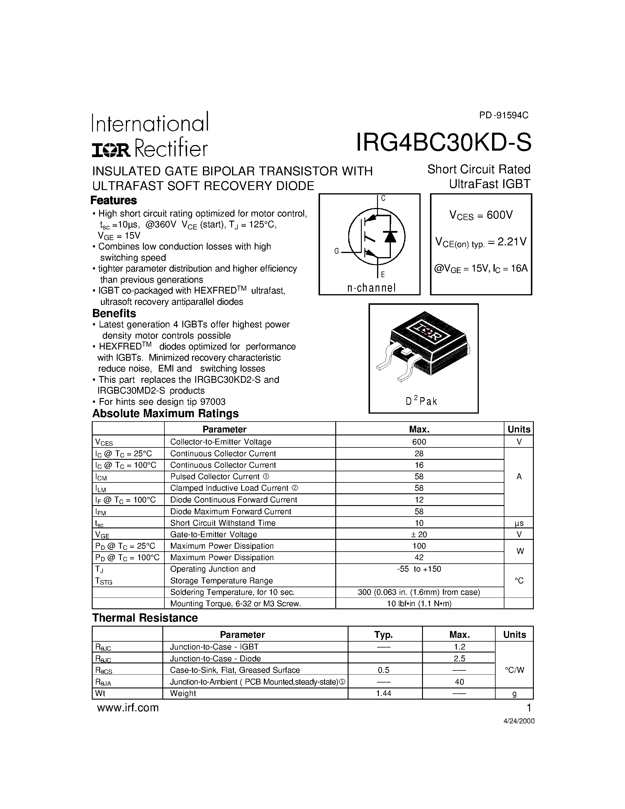 Datasheet IRG4BC30KD-S - INSULATED GATE BIPOLAR TRANSISTOR page 1