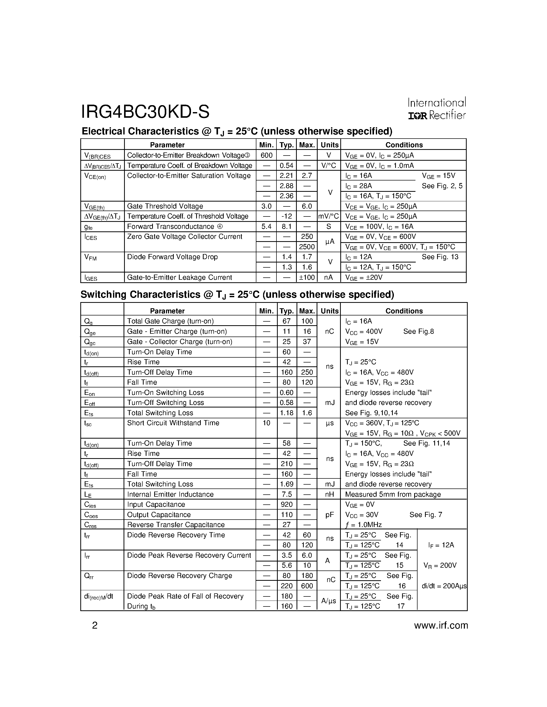 Datasheet IRG4BC30KD-S - INSULATED GATE BIPOLAR TRANSISTOR page 2
