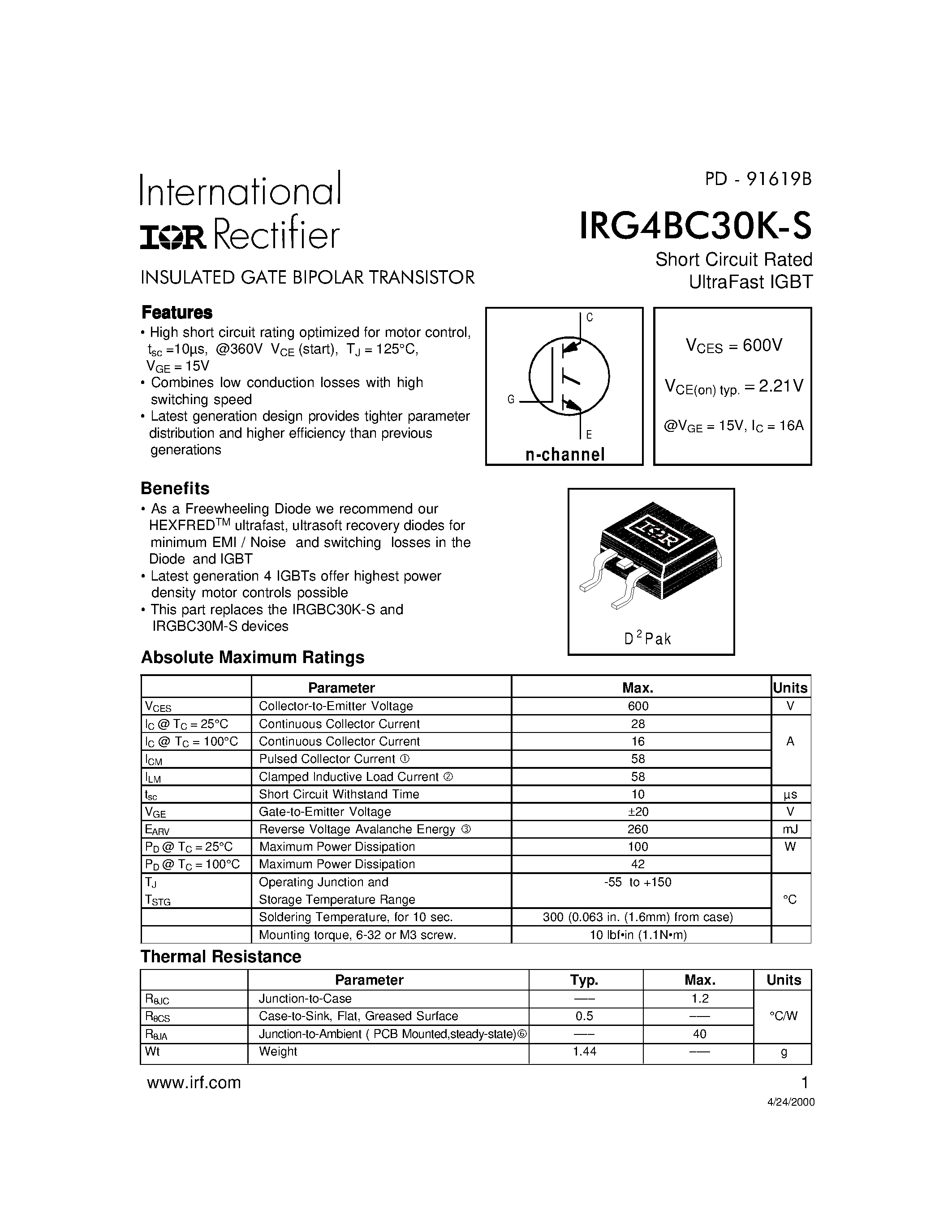 Datasheet IRG4BC30K-S - INSULATED GATE BIPOLAR TRANSISTOR page 1