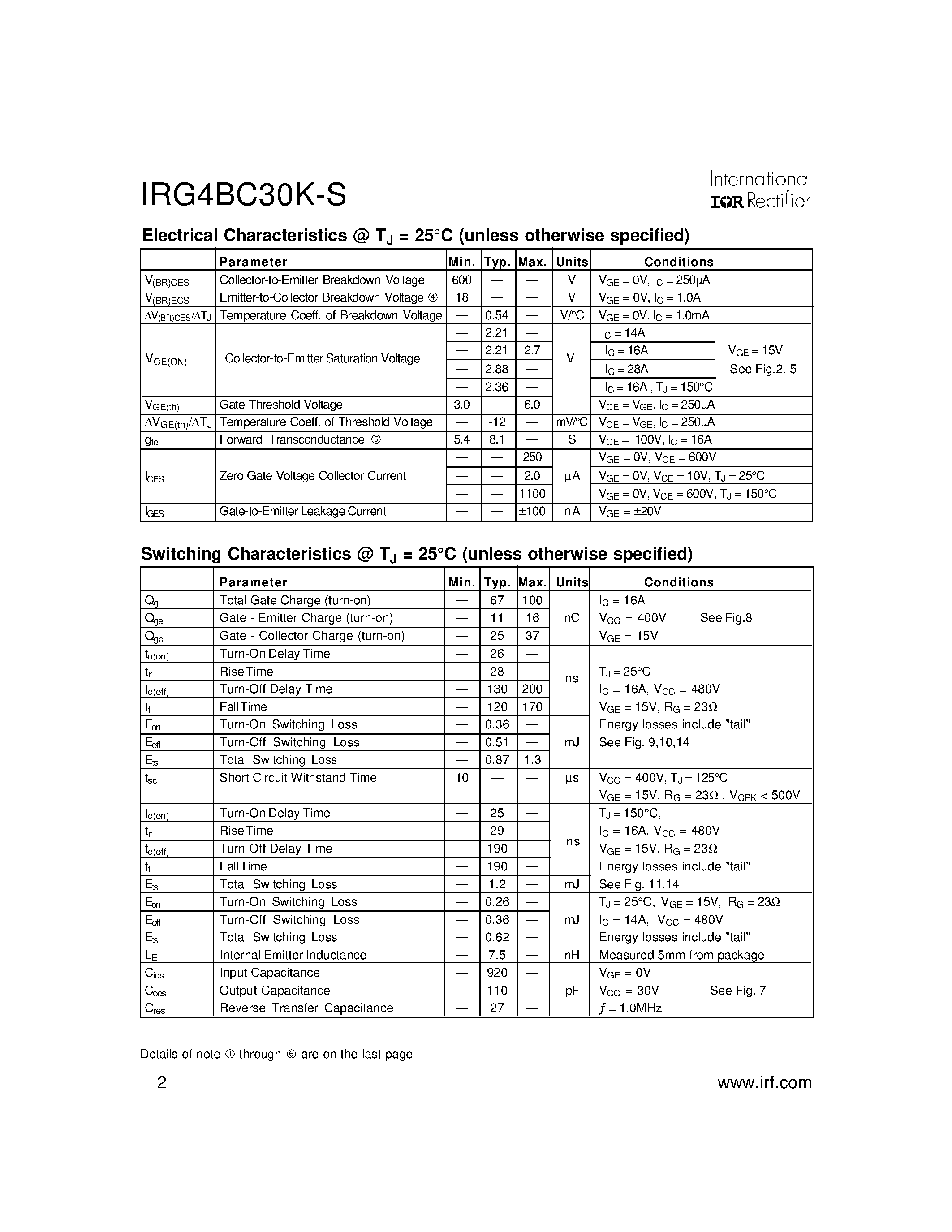 Datasheet IRG4BC30K-S - INSULATED GATE BIPOLAR TRANSISTOR page 2