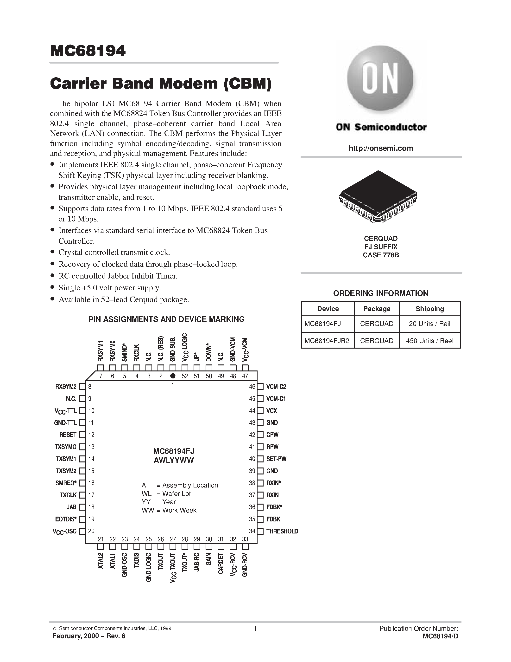 Datasheet MC68194 - Carrier Band Modem(CBM) page 1