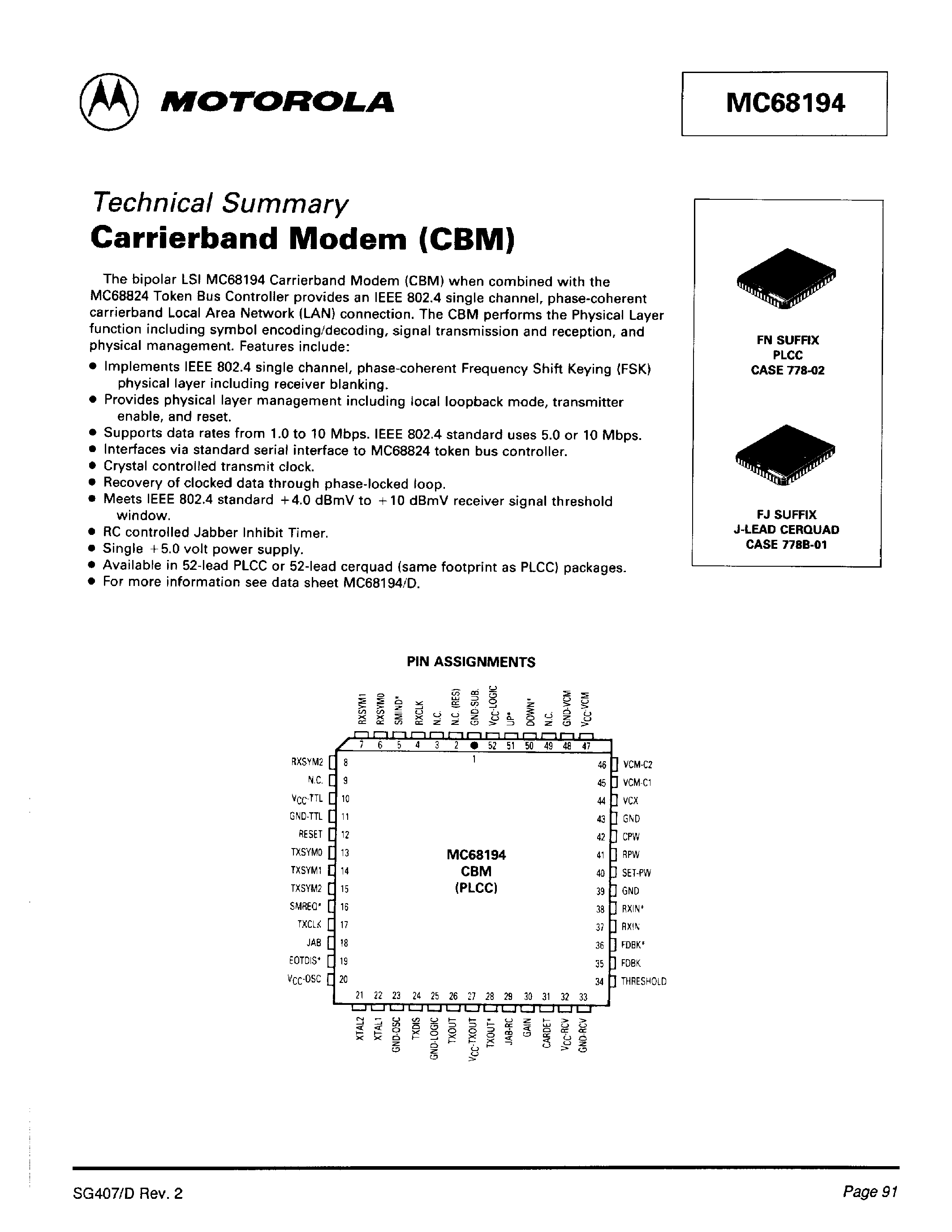 Datasheet MC68194 - Carrierband Modem(CBM) page 1