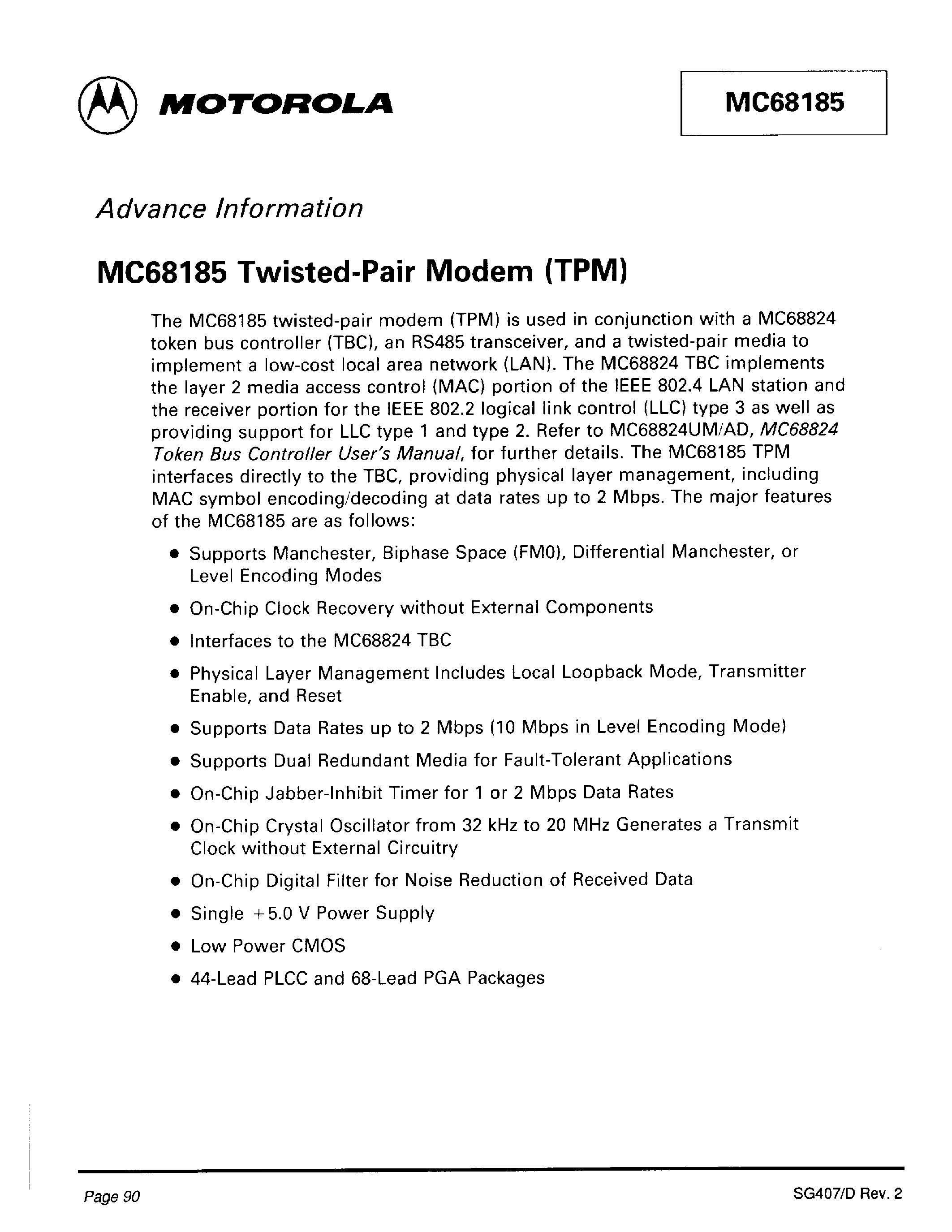 Datasheet MC68185 - Twisted-Pair Modem(TPM) page 1