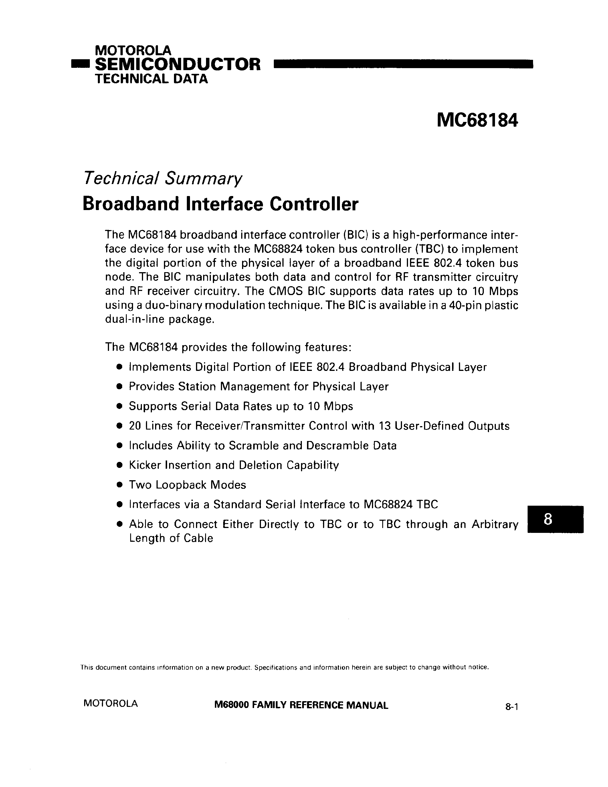 Datasheet MC68184 - Broadband Interface Controller page 1