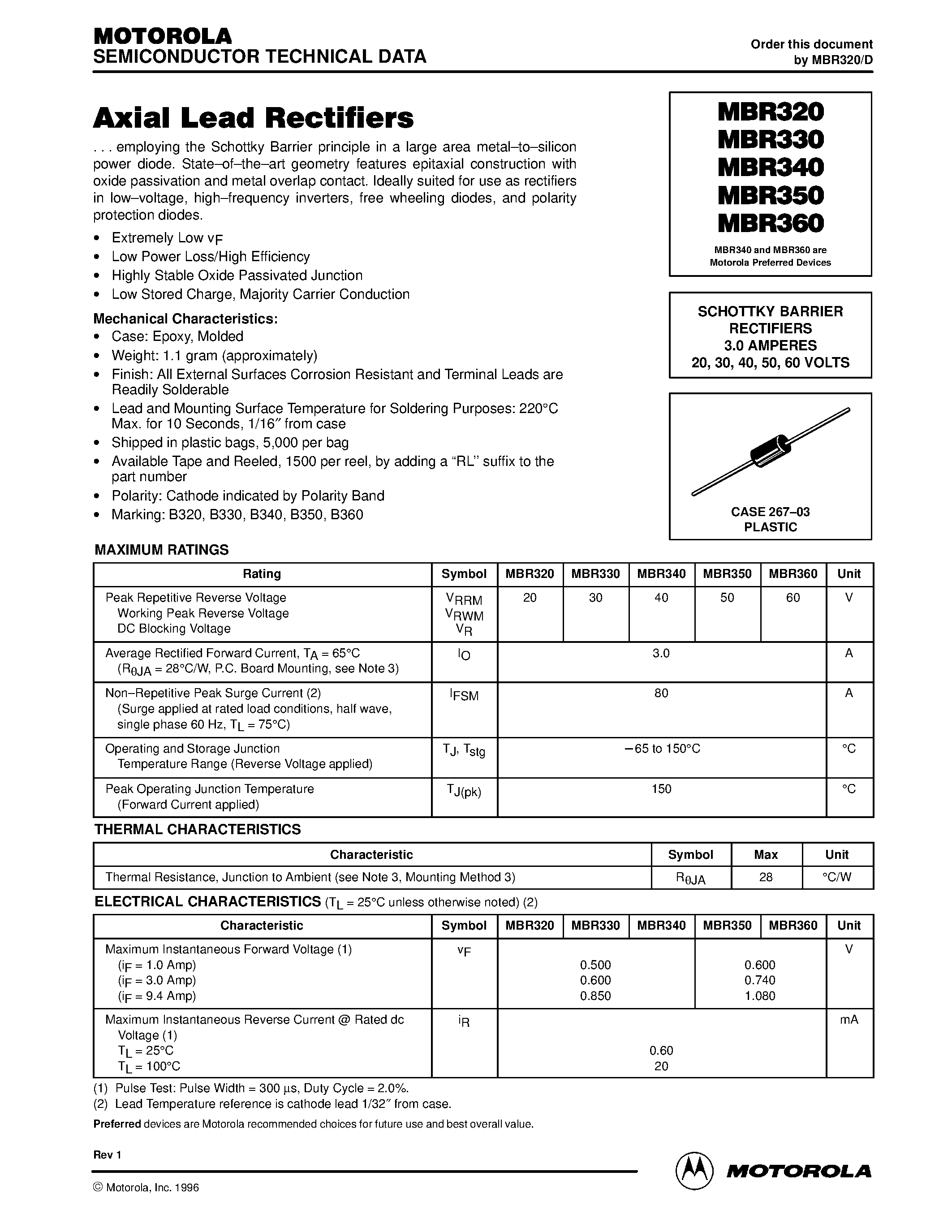 Datasheet MBR330 page 1 Datasheet MBR330 - (MBR3xx) Axial Lead Rectifiers page 1