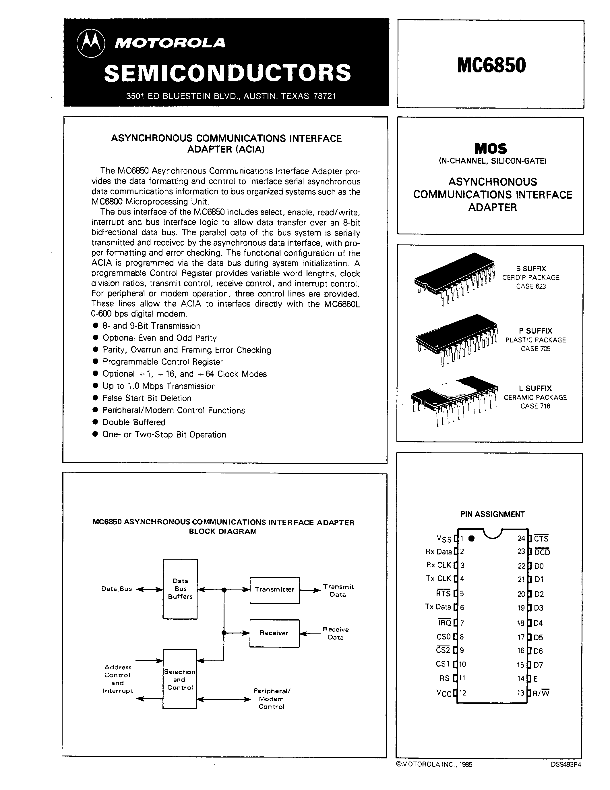 Datasheet MC6850 - ASYNCHRONOUS COMMUNICATIONS INTERFACE ADAPTER page 1