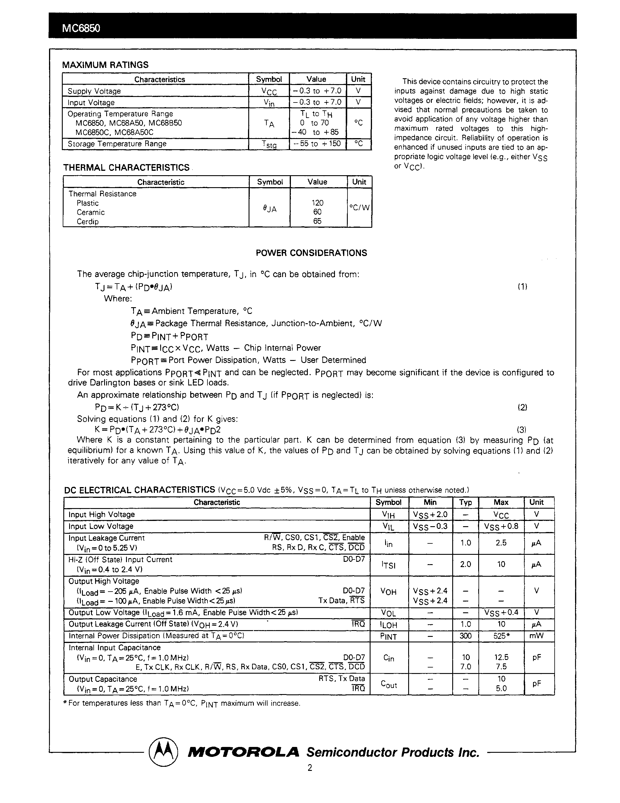 Datasheet MC6850 - ASYNCHRONOUS COMMUNICATIONS INTERFACE ADAPTER page 2