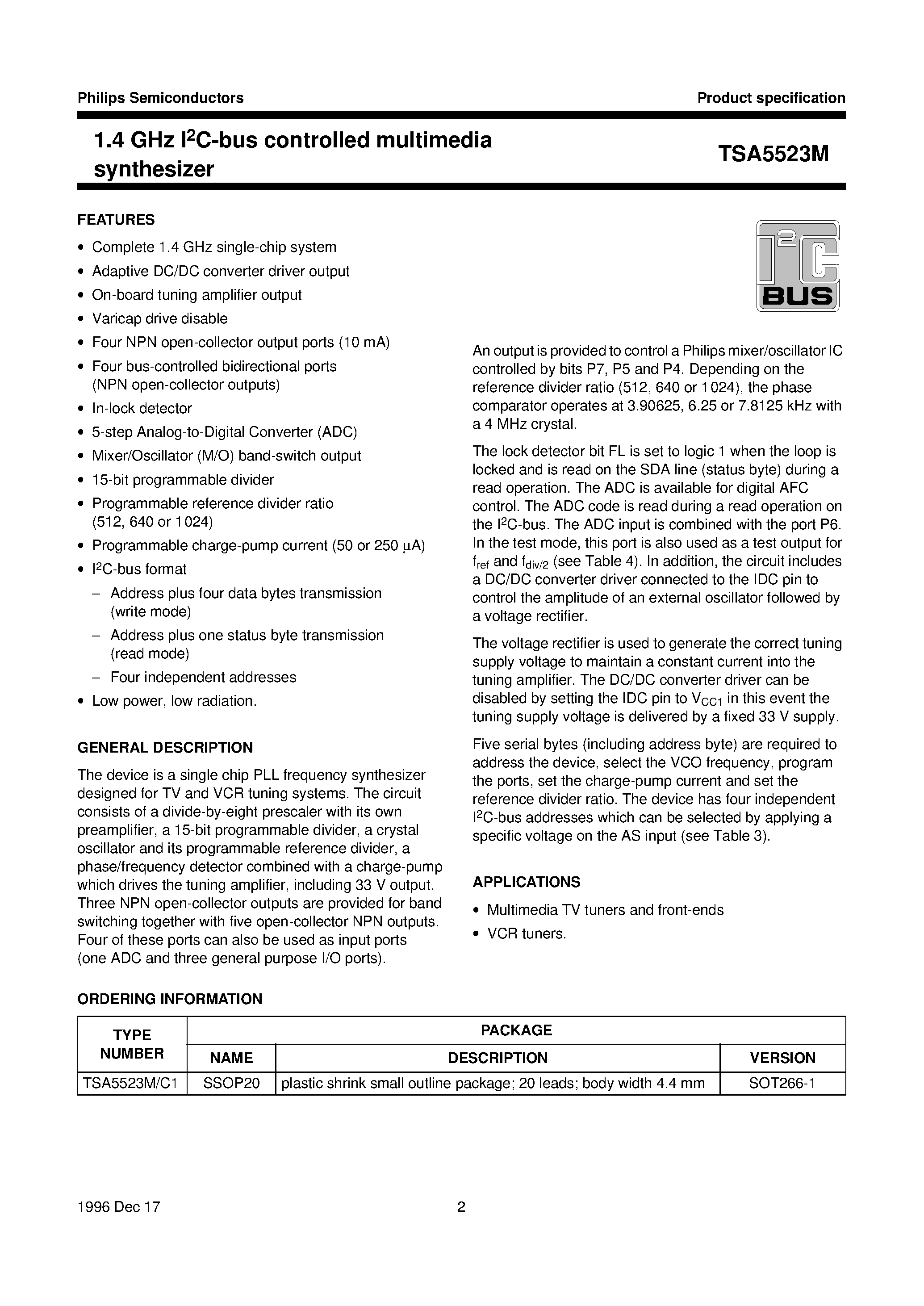 Datasheet TSA5523M page 2 Datasheet TSA5523M - 1.4 GHz I2C-bus controlled multimedia synthesizer page 2