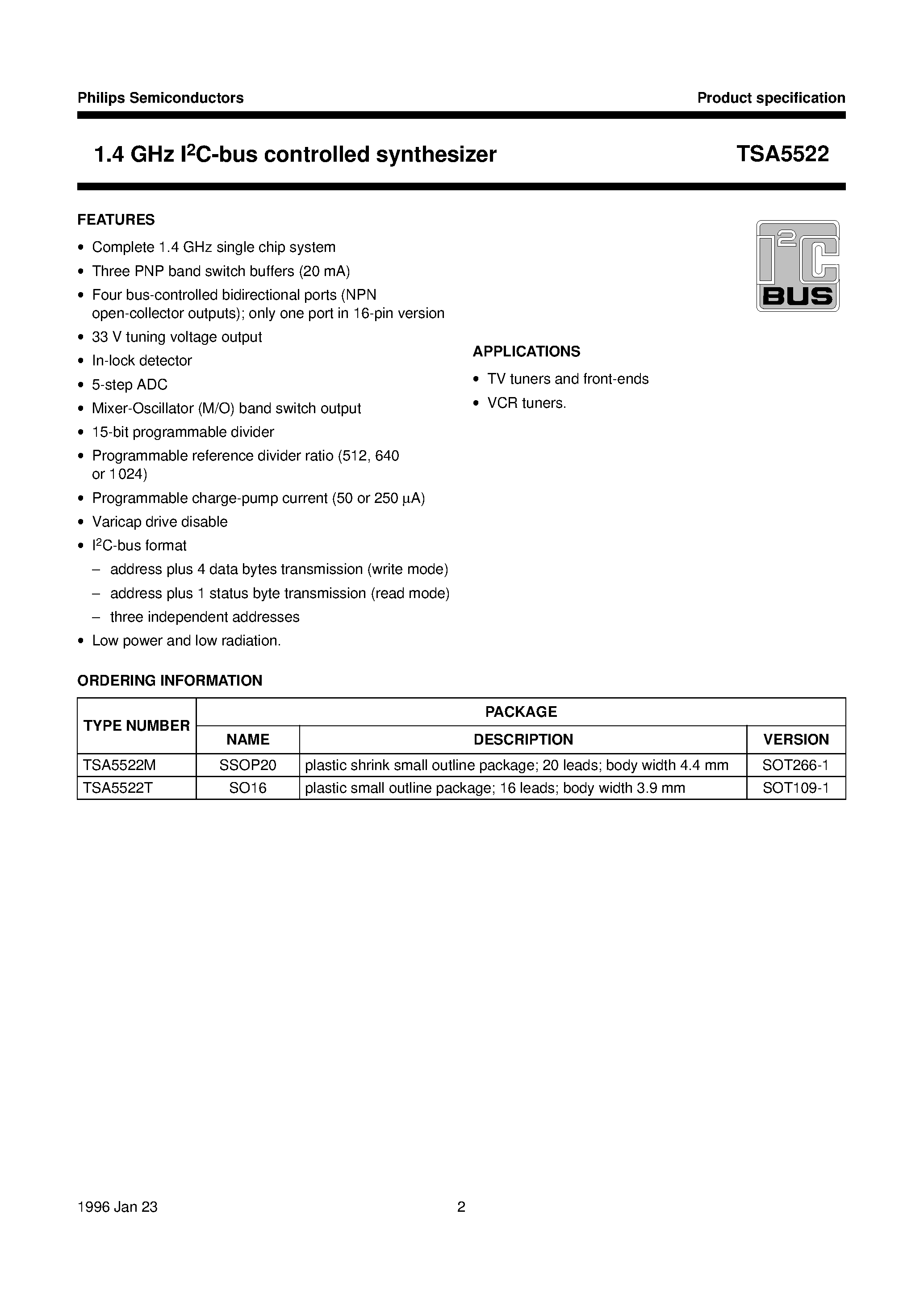 Datasheet TSA5522 - 1.4 GHz I2C-bus controlled synthesizer page 2