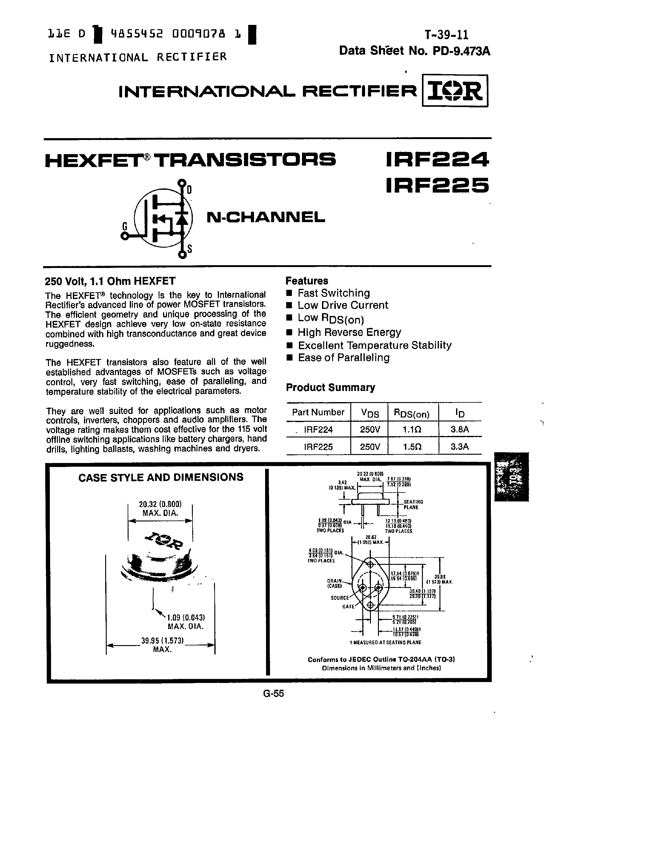 Datasheet IRF224 - (IRF225) HEXFET Transistors page 1