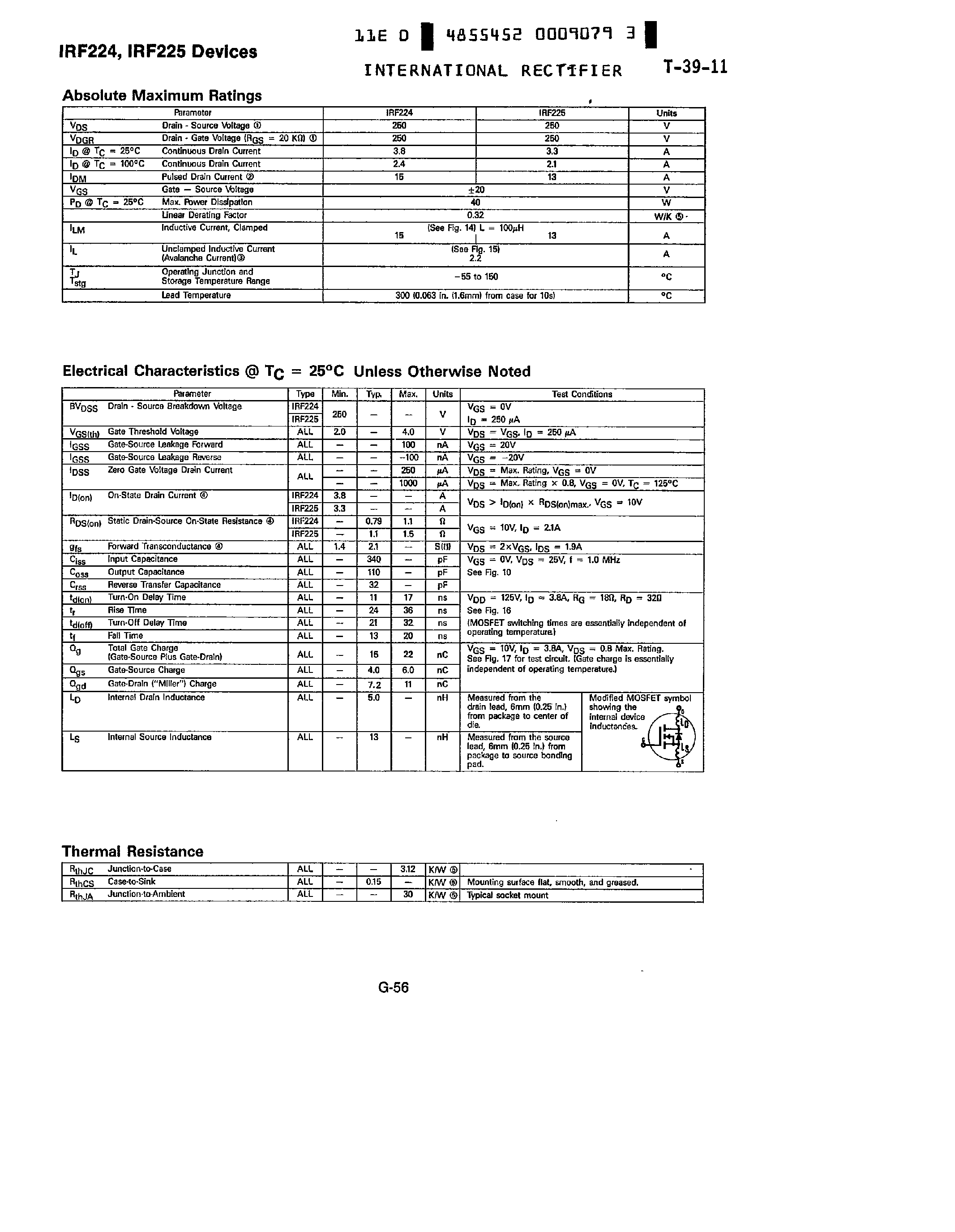 Datasheet IRF224 - (IRF225) HEXFET Transistors page 2